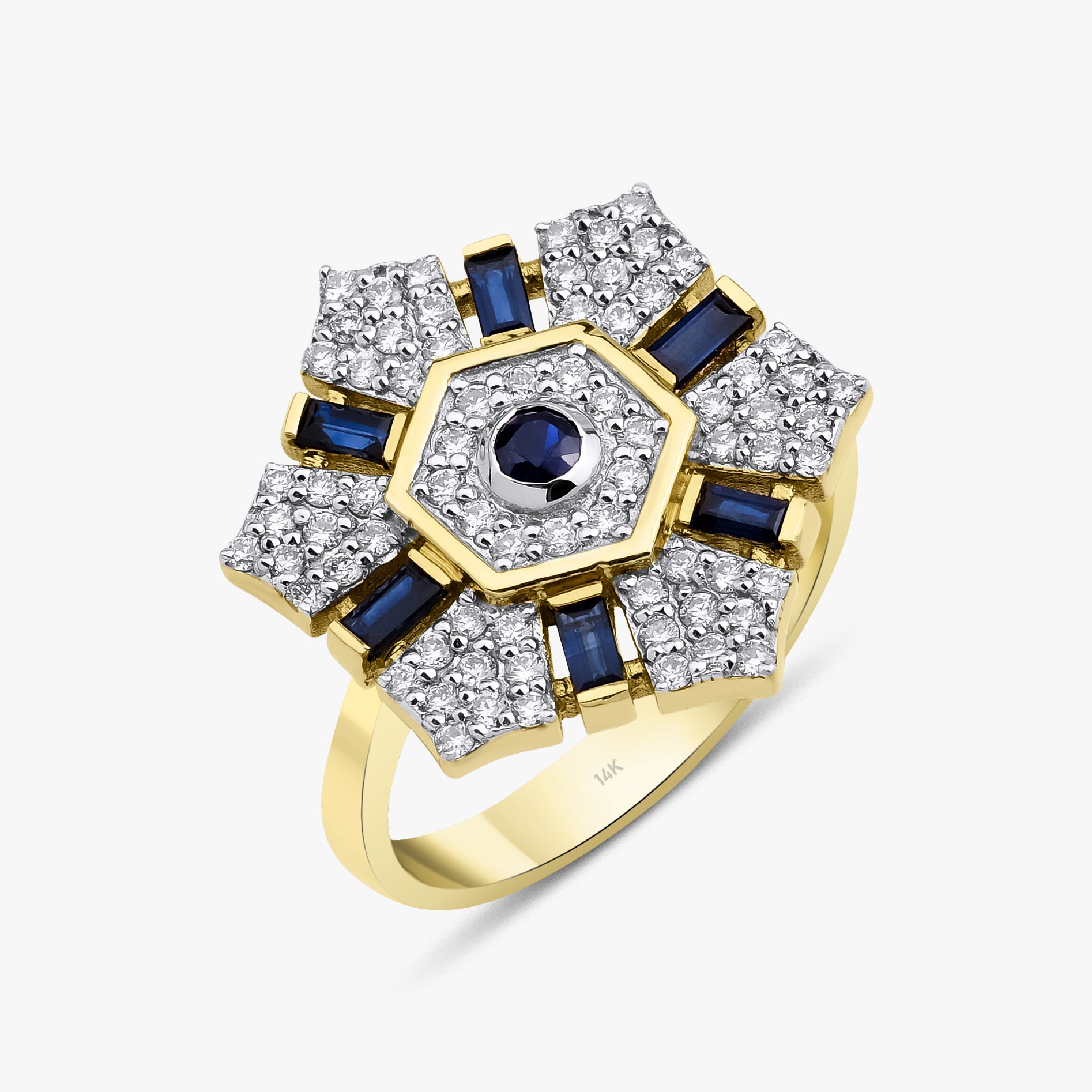 Large Sapphire and Diamond Hexagon Ring in 14K Gold
