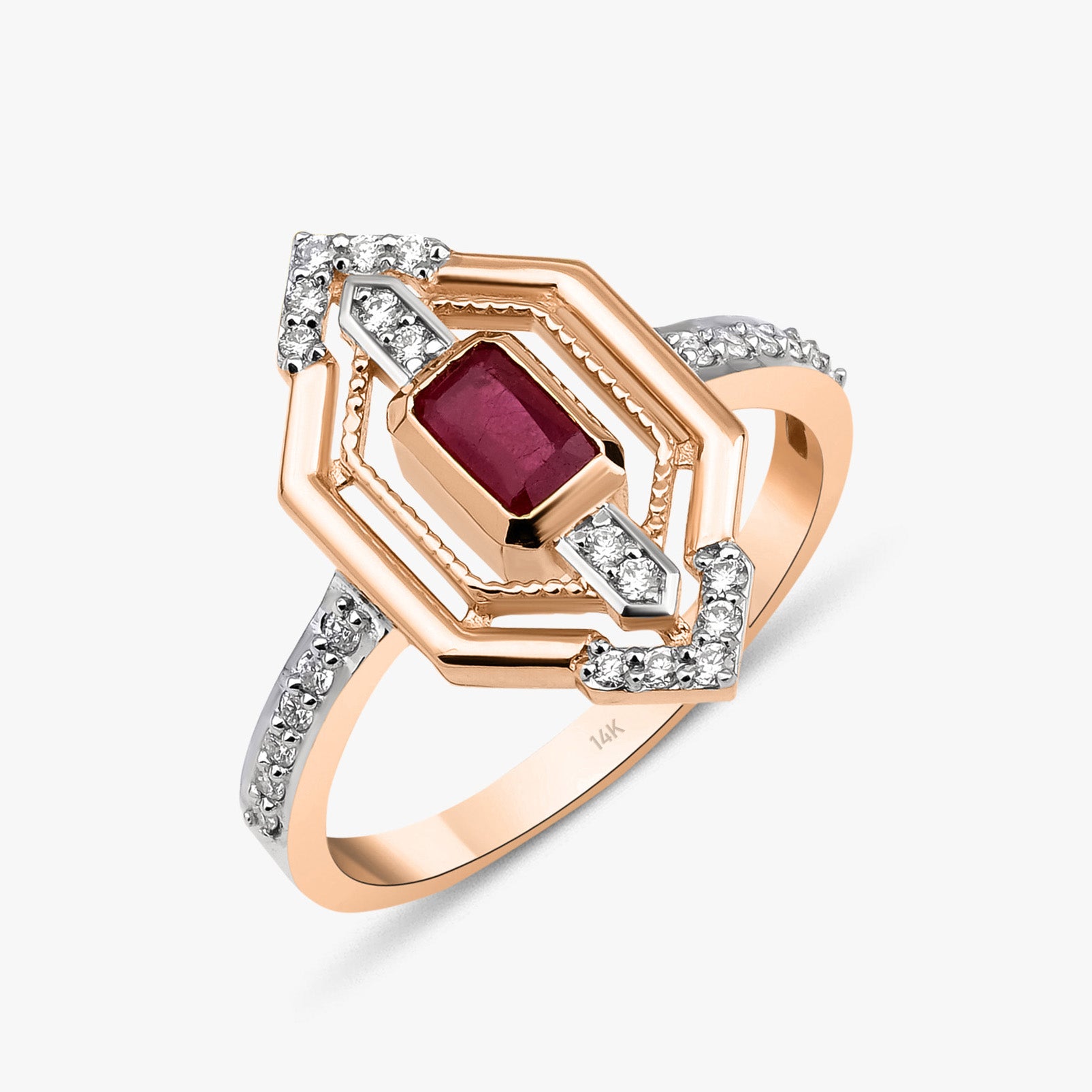 Emerald Cut Ruby and Diamond Ring in 14K Gold