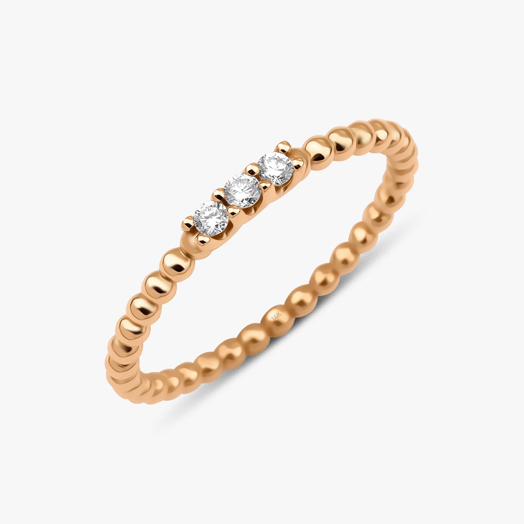 3 Diamond Beaded Stacking Ring in 14K Gold