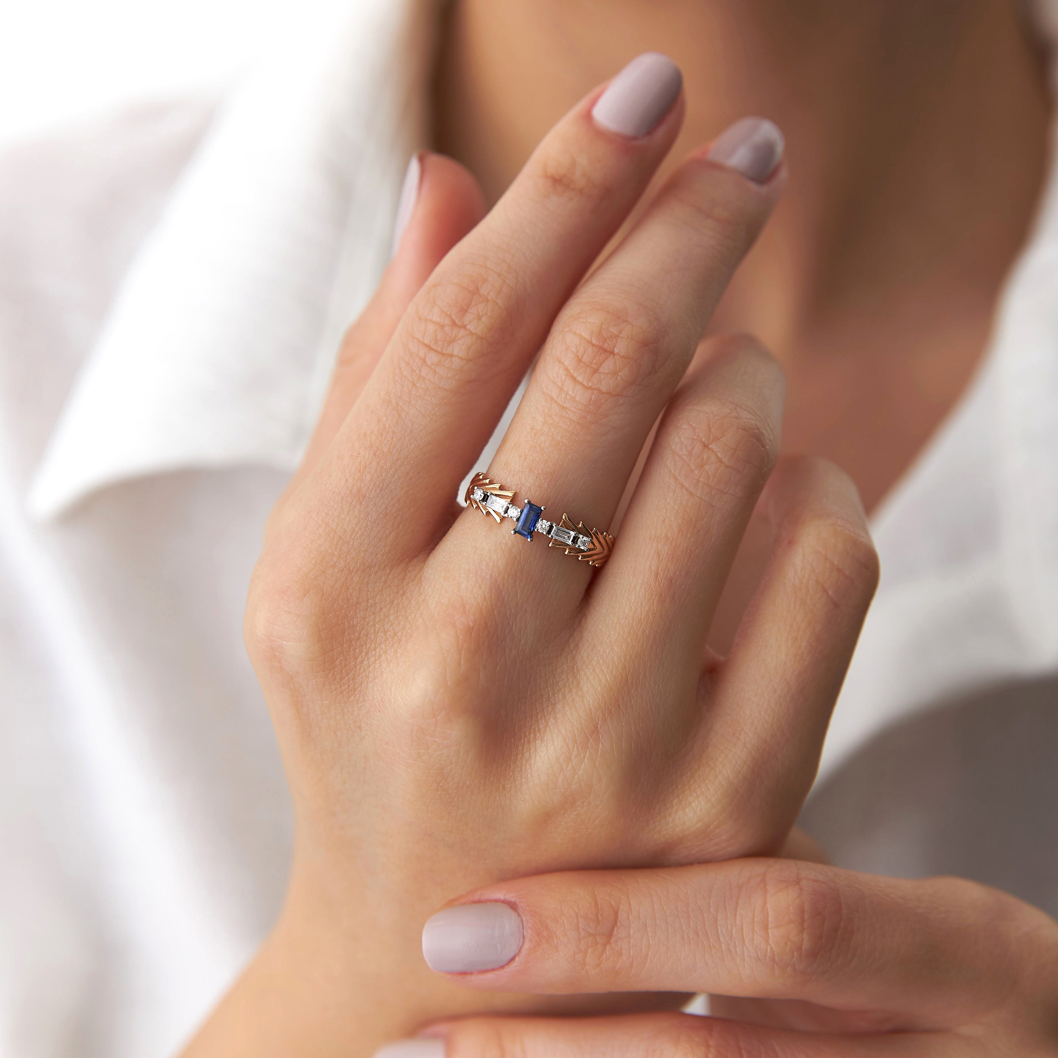 Blue Sapphire and Diamond Chevron Ring in 14K Gold