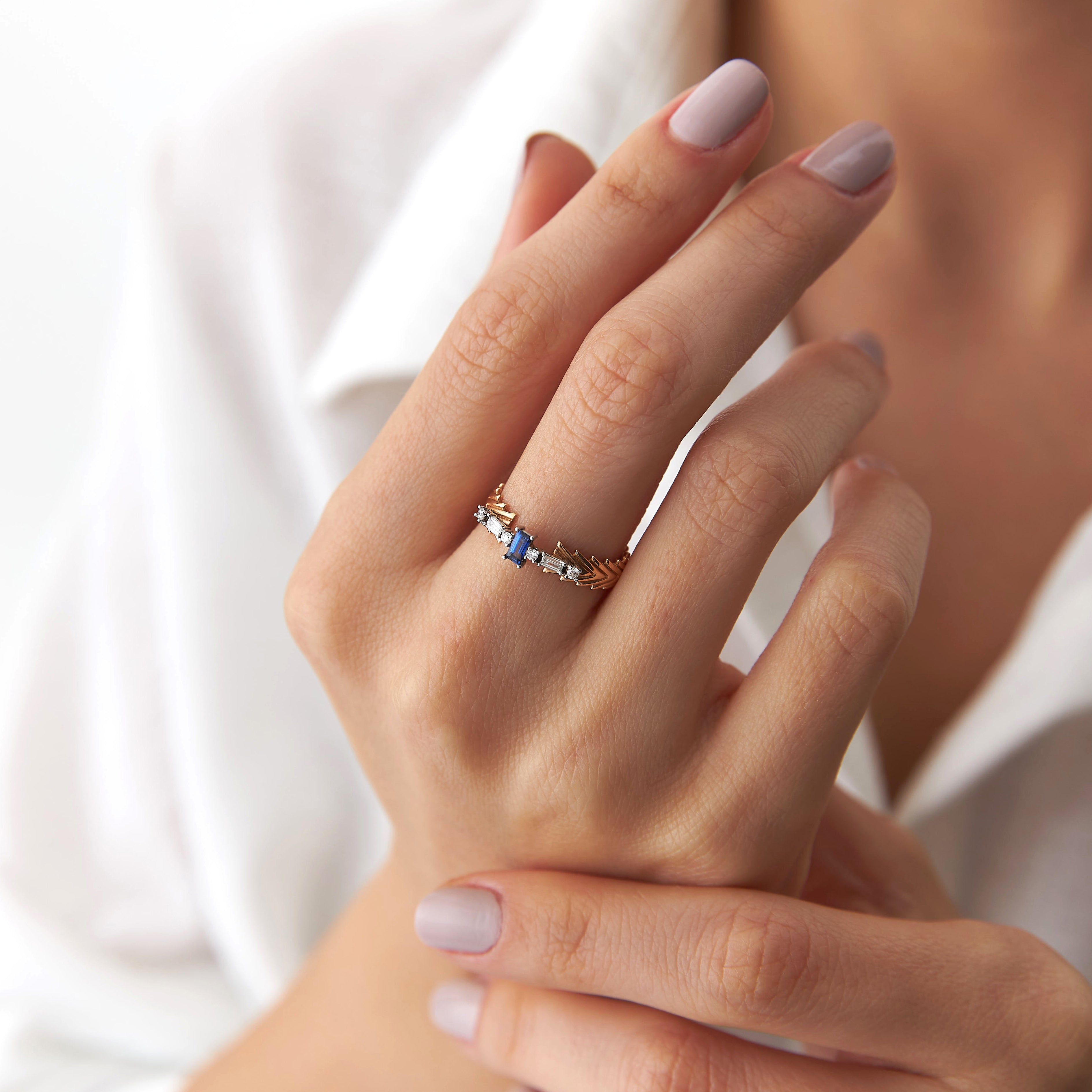 Blue Sapphire and Diamond Chevron Ring in 14K Gold