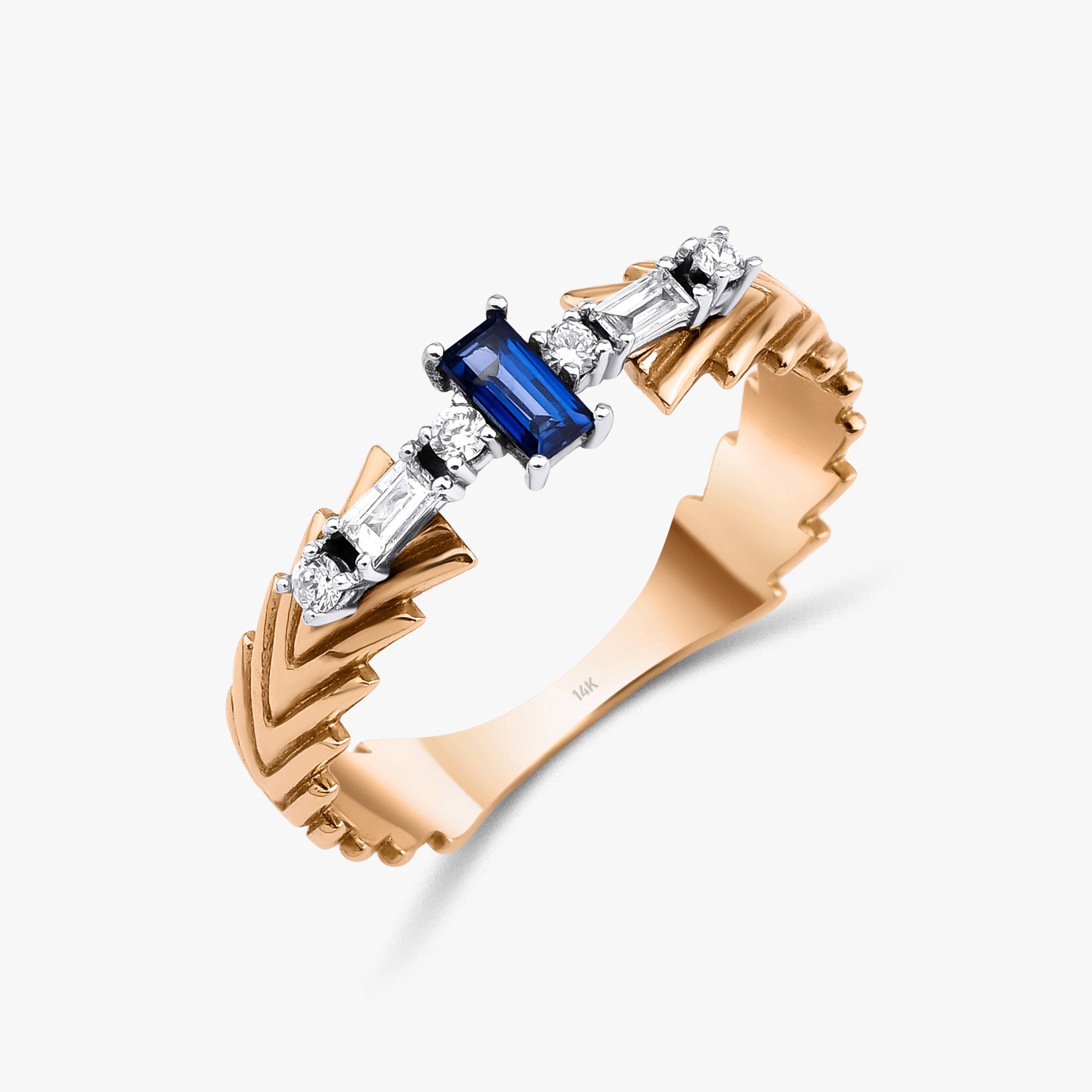 Blue Sapphire and Diamond Chevron Ring in 14K Gold