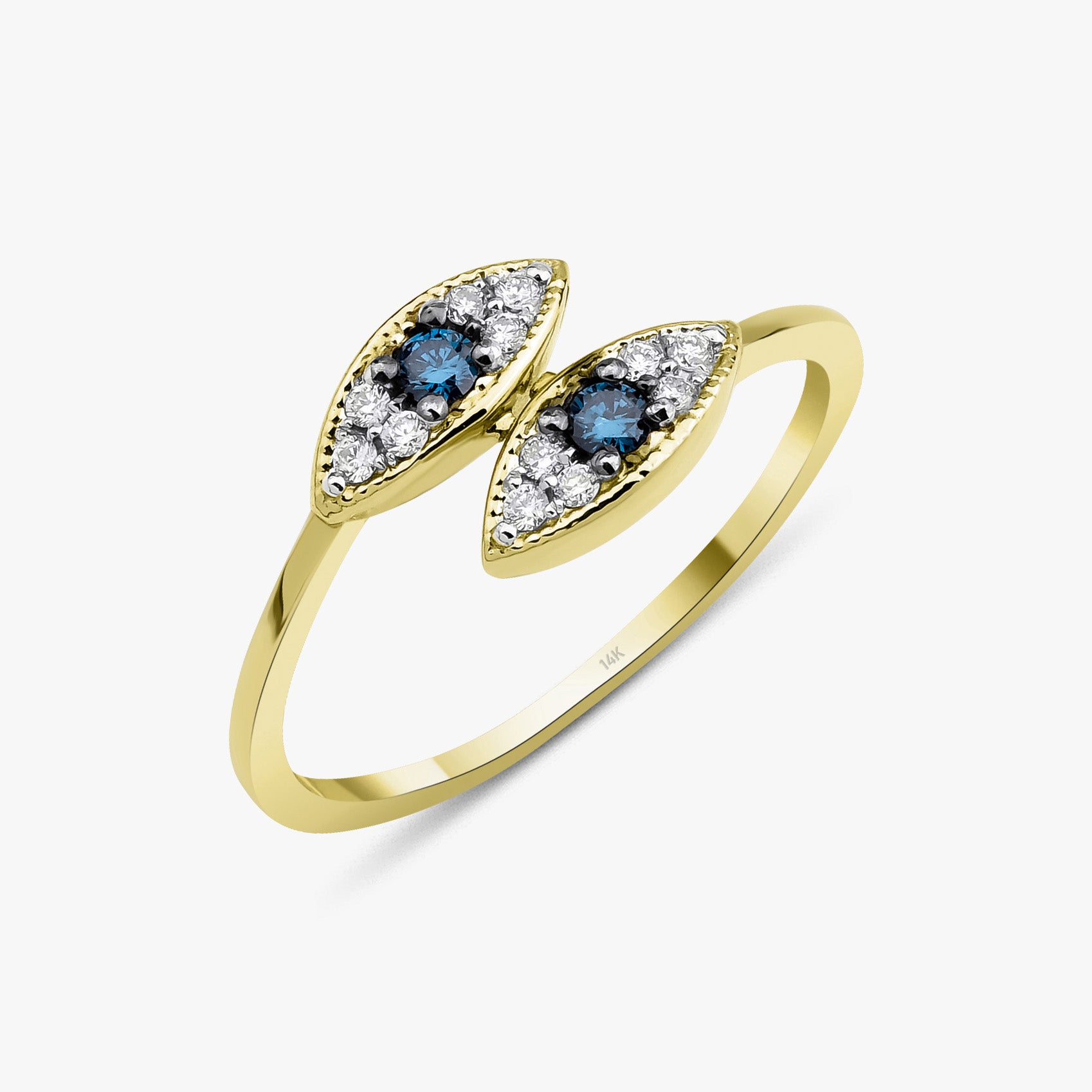 14K Gold Evil Eye Ring With White and Blue Diamonds