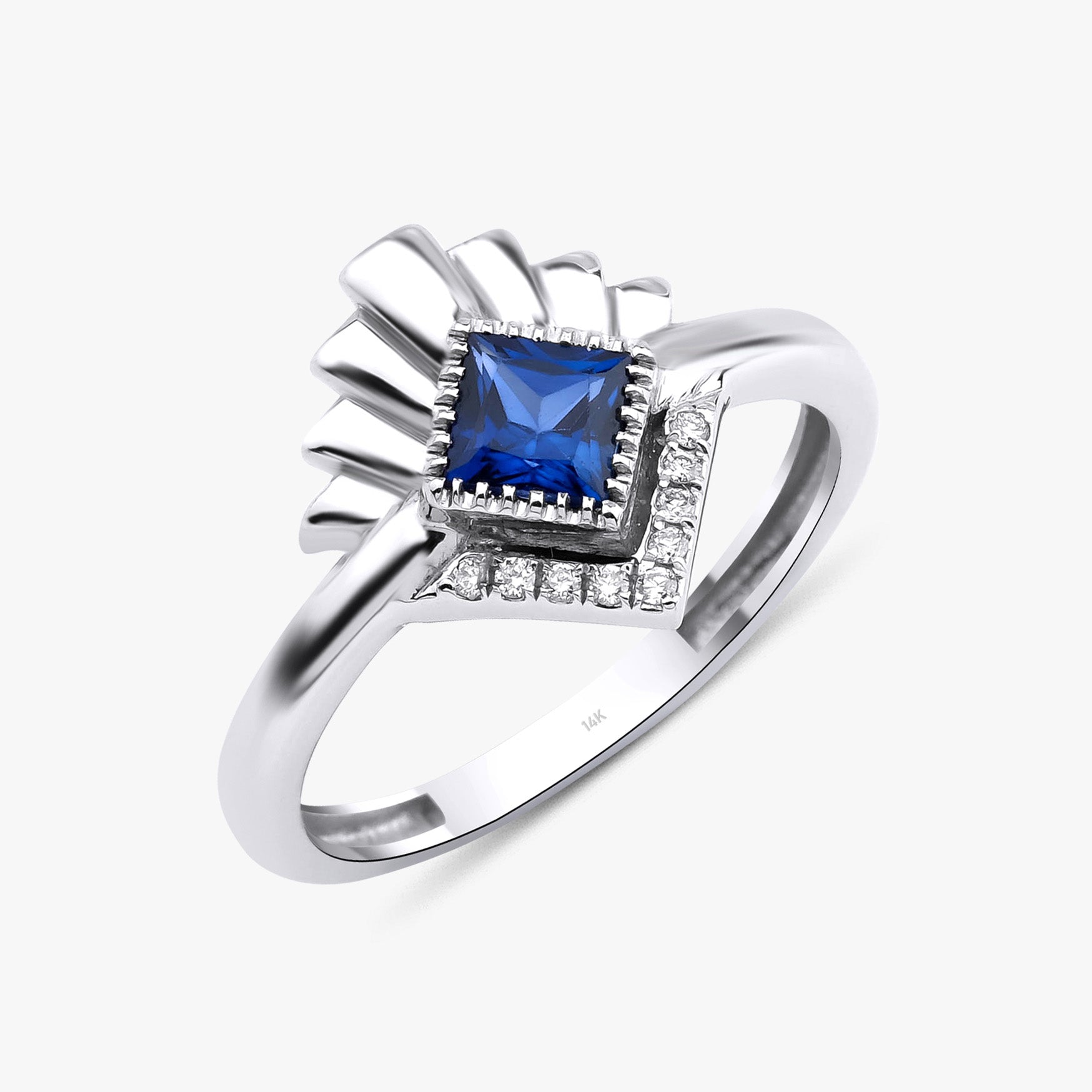 Princess Cut Sapphire and Diamond Ring In 14k Gold