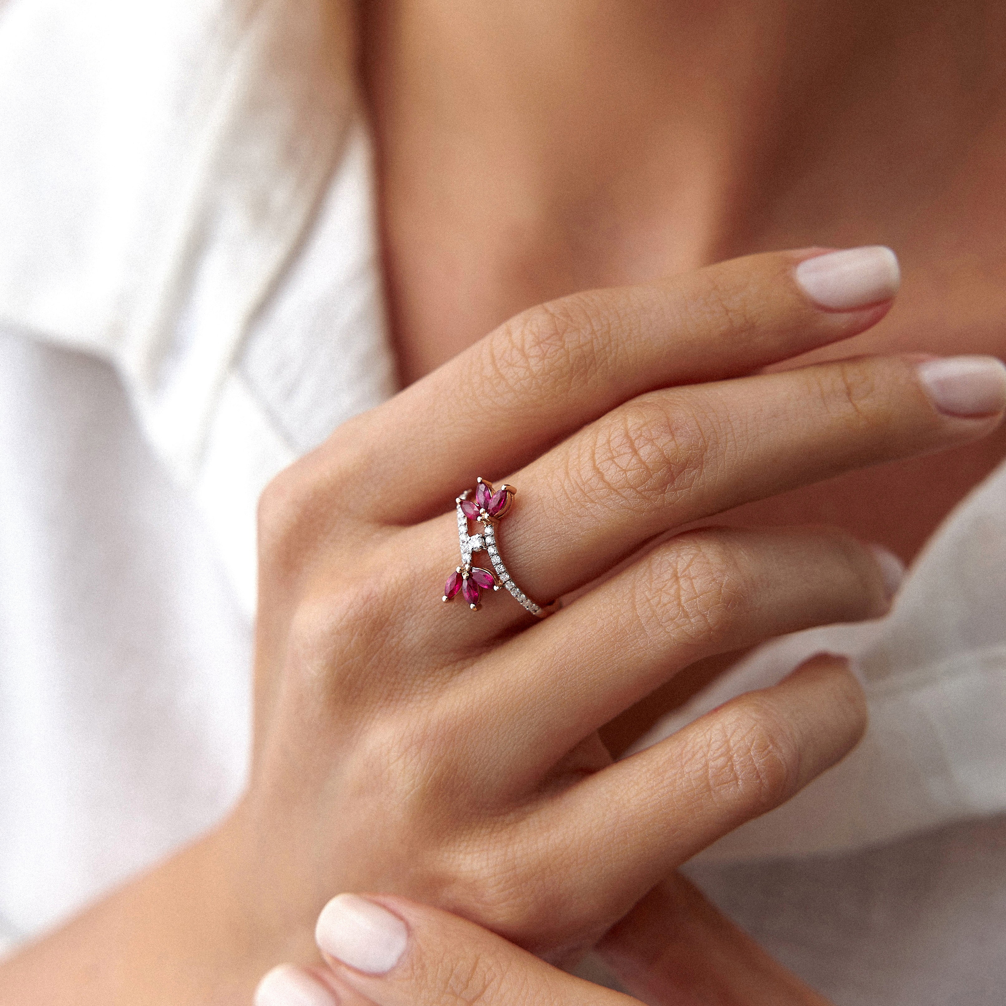 Marquise Cut Ruby and Diamond Flower Ring in 14K Gold