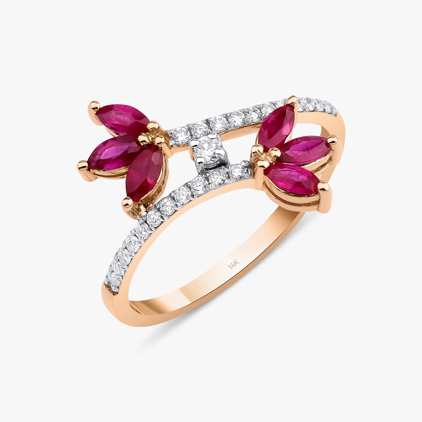 Marquise Cut Ruby and Diamond Flower Ring in 14K Gold