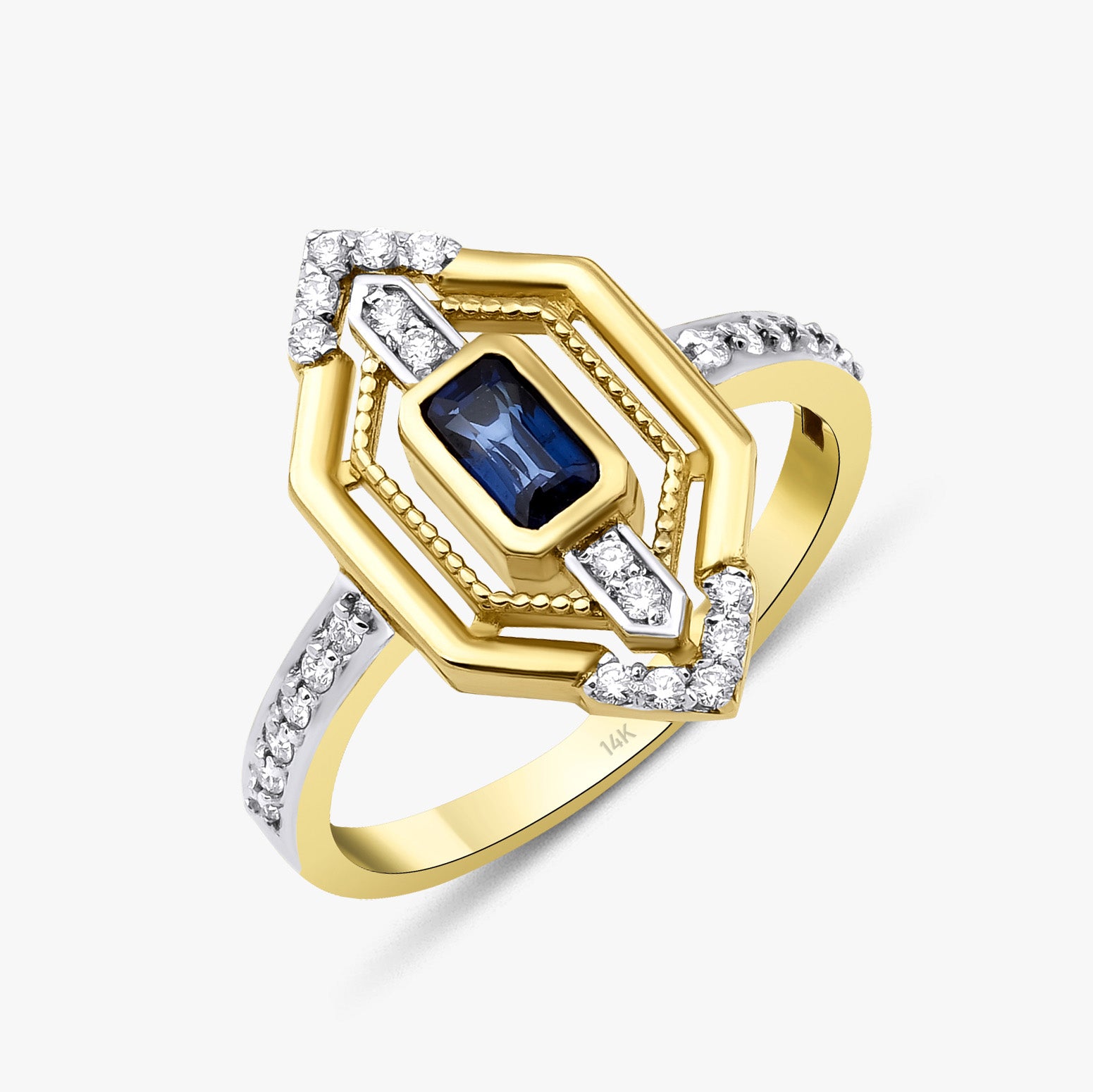Emerald Cut Sapphire and Diamond Ring in 14K Gold