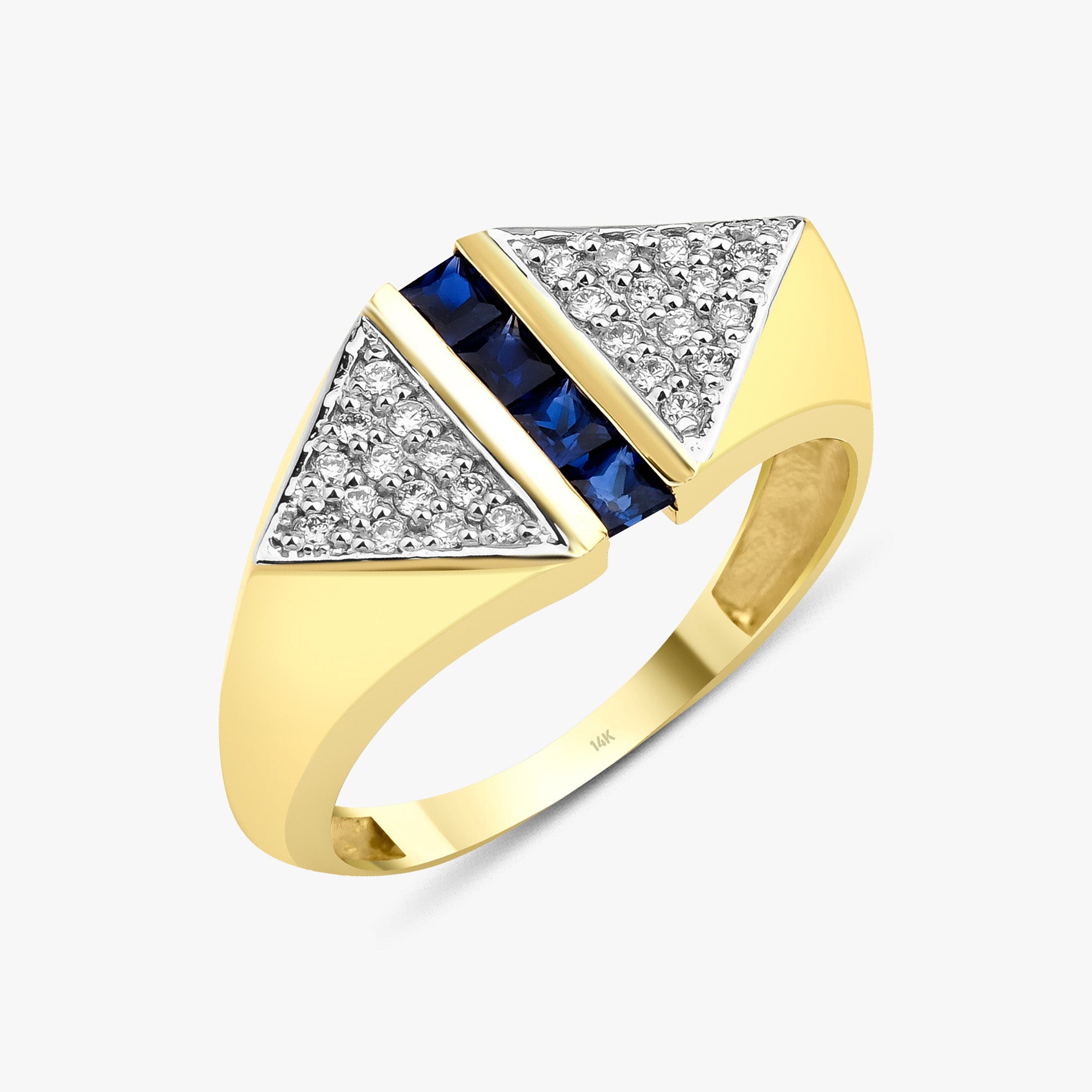 Double Triangle Blue Sapphire and Diamond Ring in 14K Gold