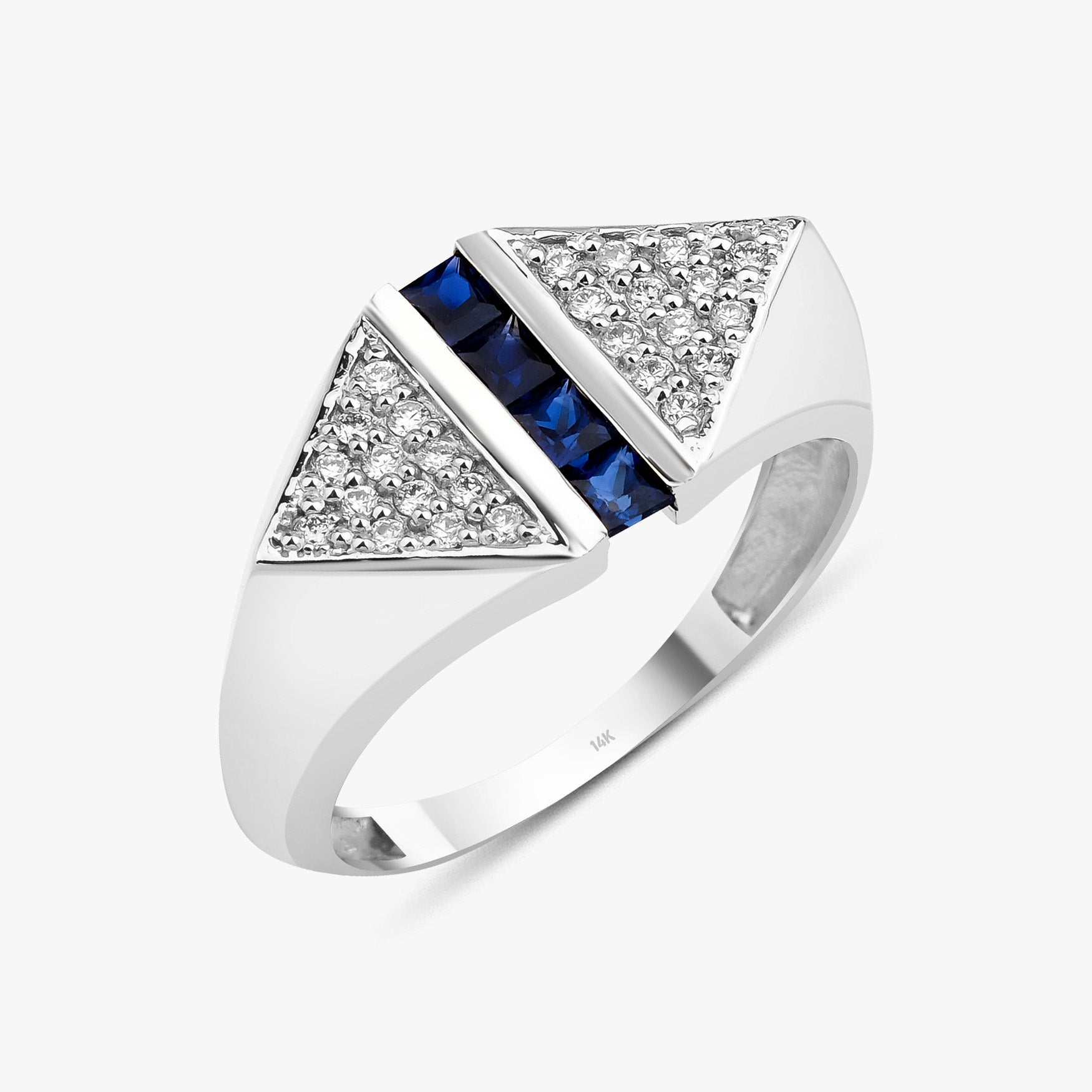 Double Triangle Blue Sapphire and Diamond Ring in 14K Gold