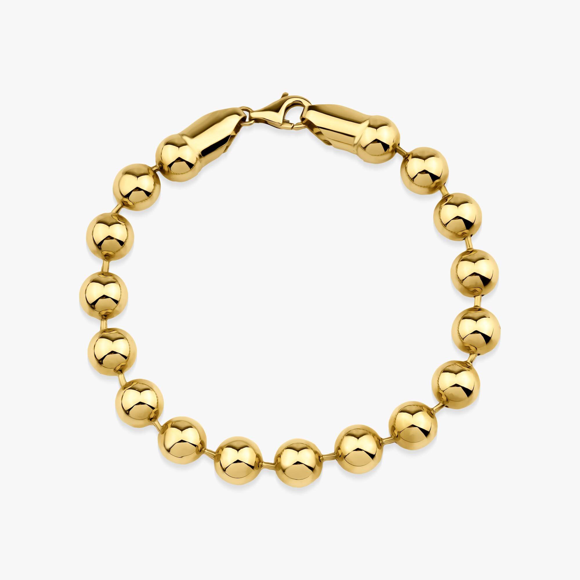 14k yellow gold large beaded bracelet shown in a white background