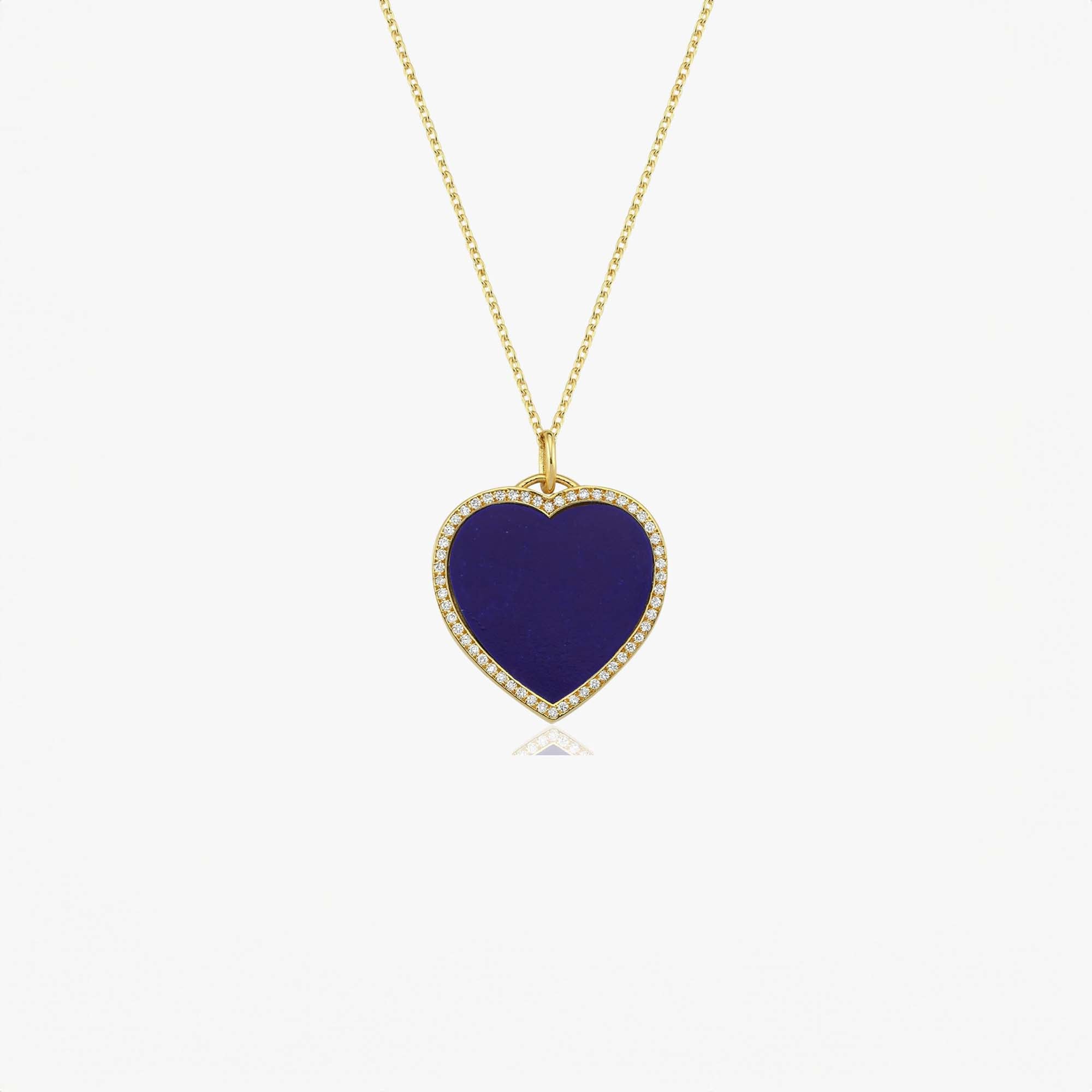 Large Diamond Lapis Heart Necklace in 14K Gold