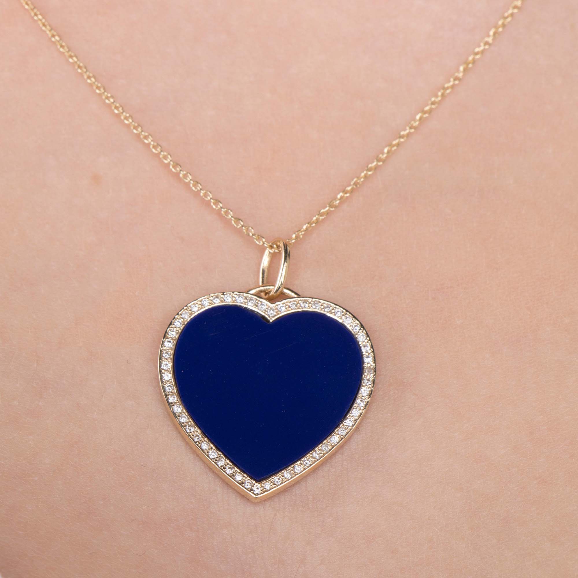 Large Diamond Lapis Heart Necklace in 14K Gold