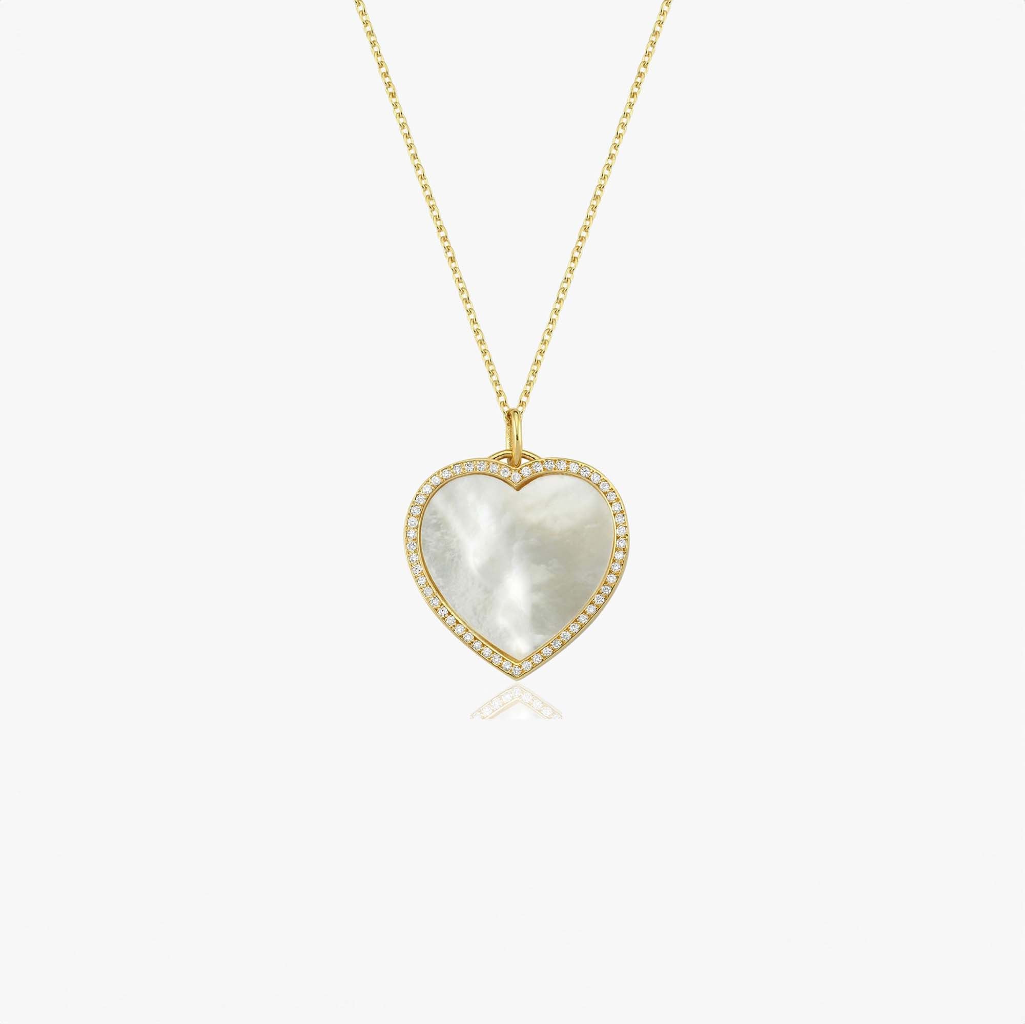 Large Diamond Mother of Pearl Heart Necklace in 14K Gold