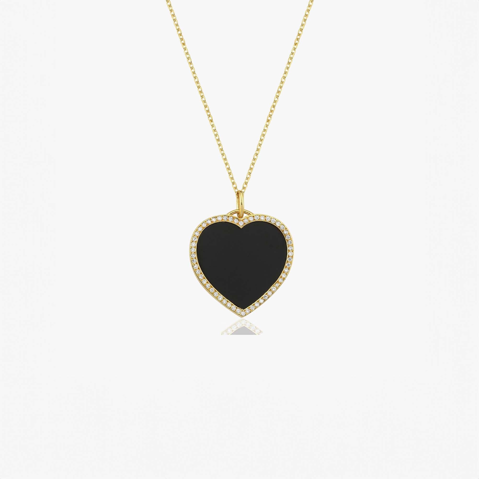 Large Diamond Onyx Heart Necklace in 14K Gold
