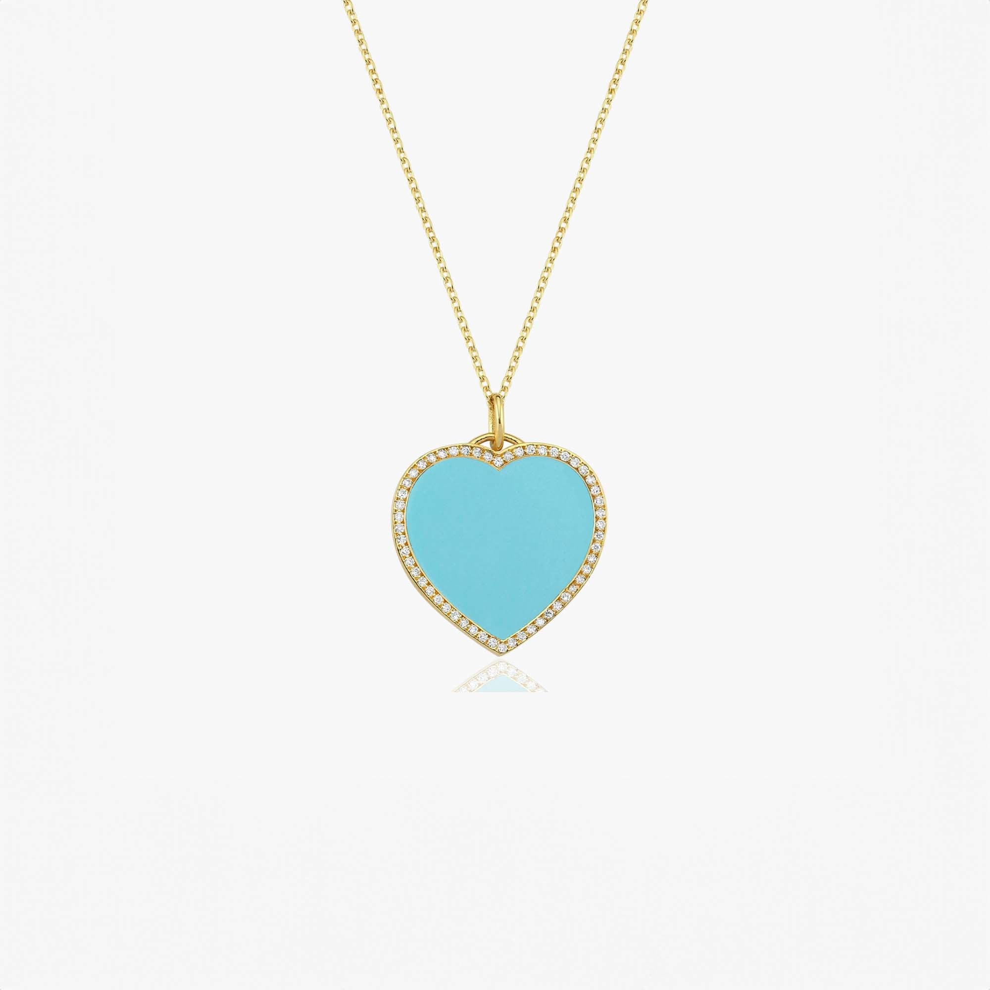 Large Diamond Turquoise Heart Necklace in 14K Gold