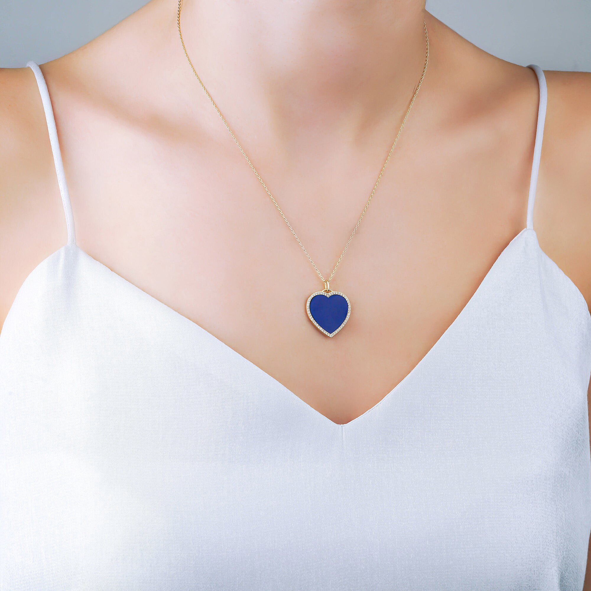 Large Lapis Lazuli and Diamond Heart Pendant Necklace