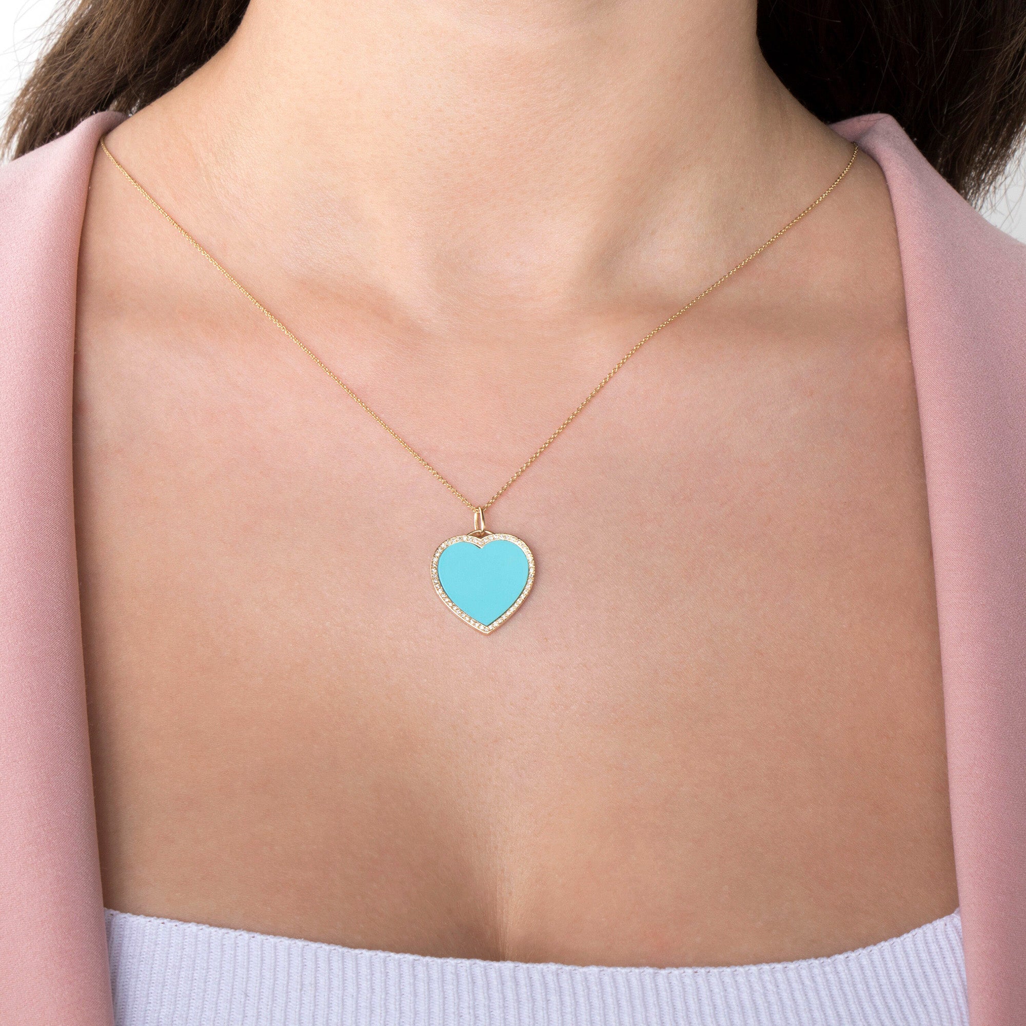 Large Turquoise and Diamond Heart Pendant Necklace