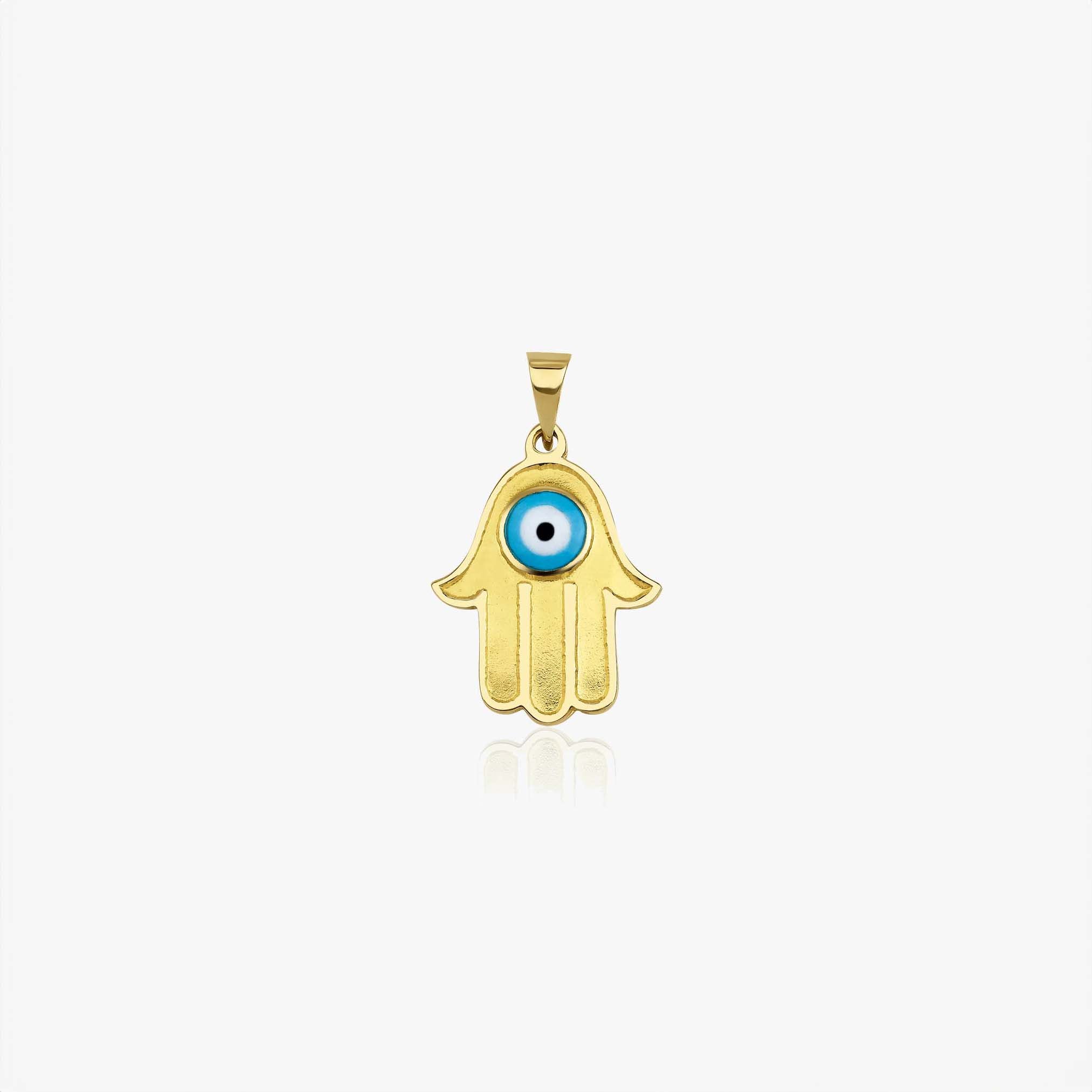 A 14k yellow gold Hamsa hand pendant with a blue evil eye center on a white background