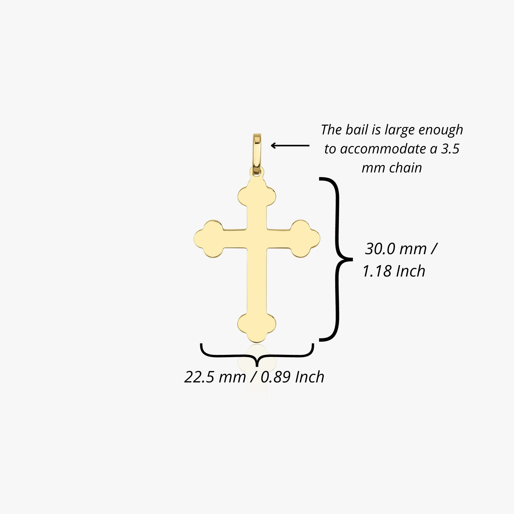 A large solid gold cross pendant with a yellow gold finish, displayed against a white background with measurements next to it.