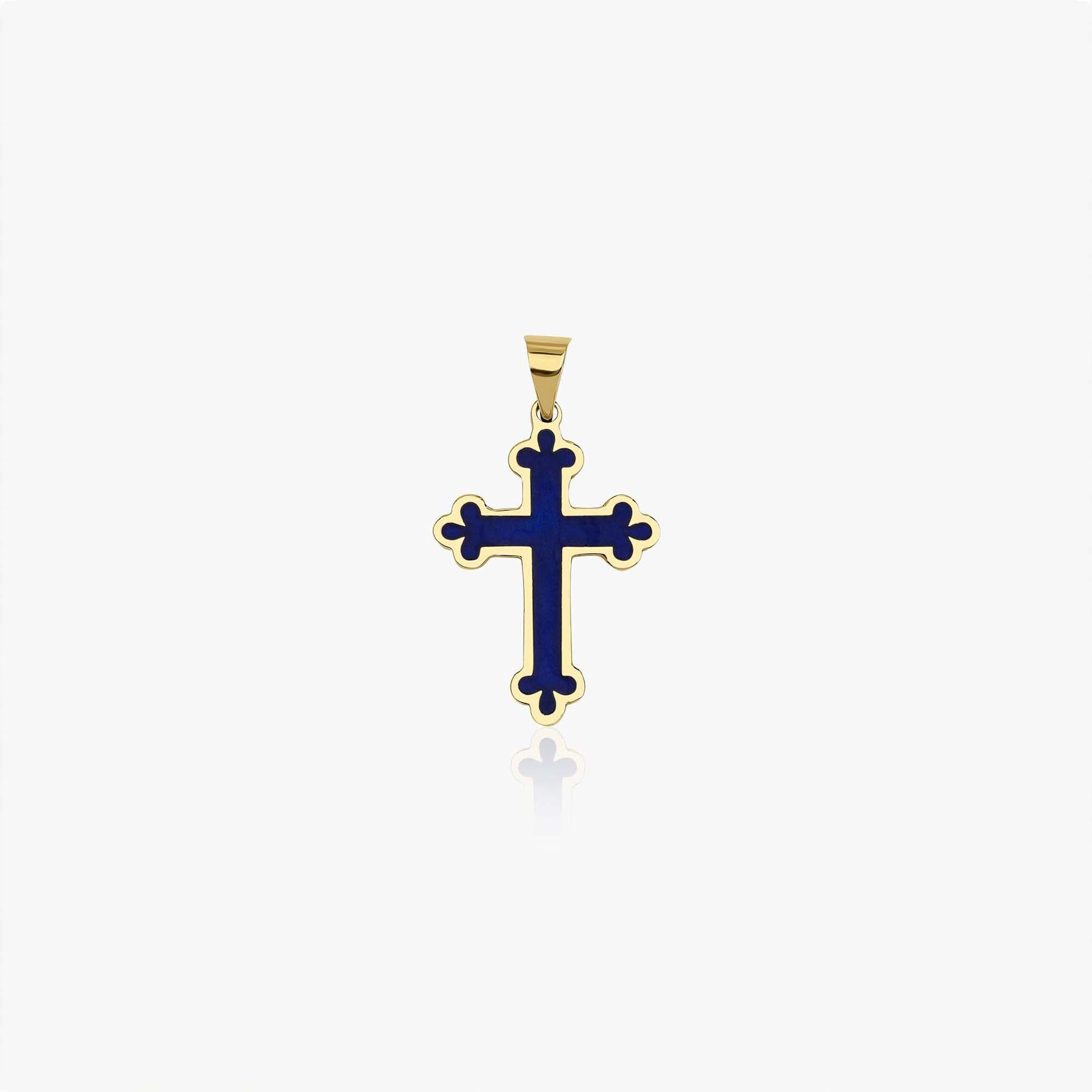 Large 14k yellow gold cross pendant with navy blue enamel center shown on a white background