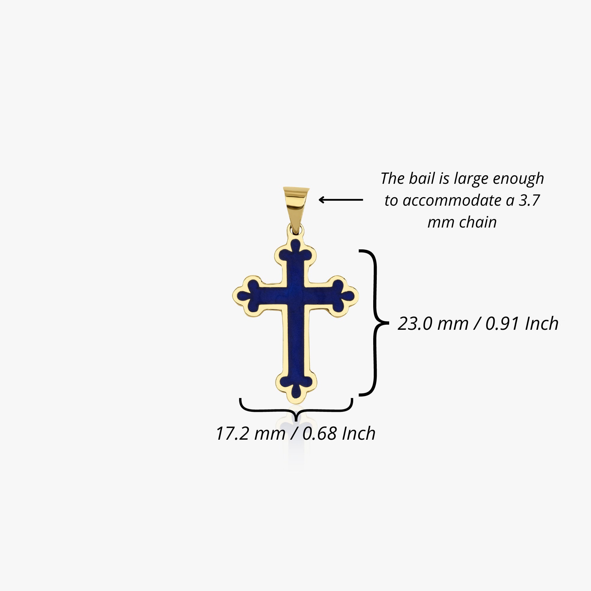 A large cross pendant with navy blue enamel center shown with its measurements.