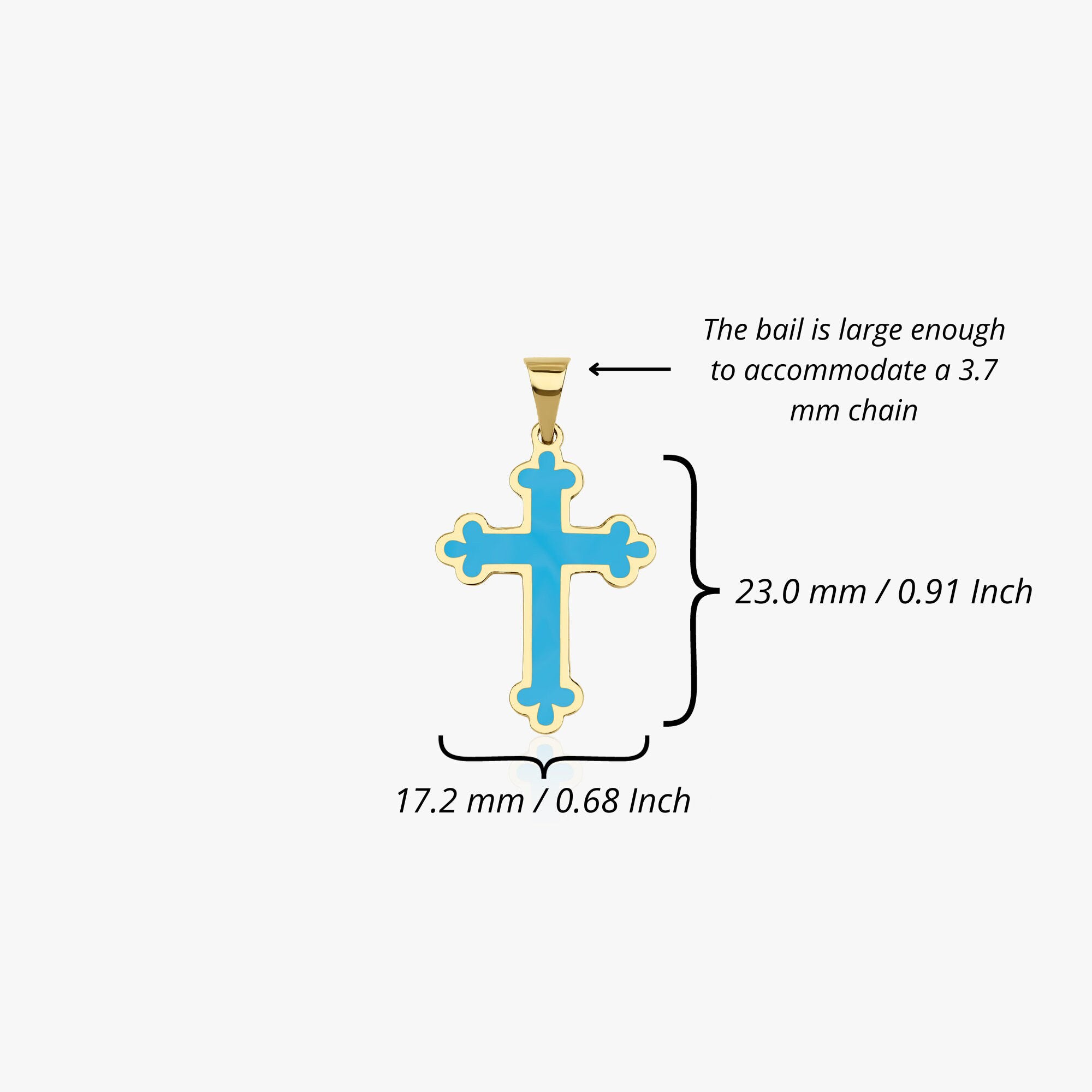 A large 14k yellow gold cross pendant with ocean blue enamel center shown on a white background with pendant measurements shown