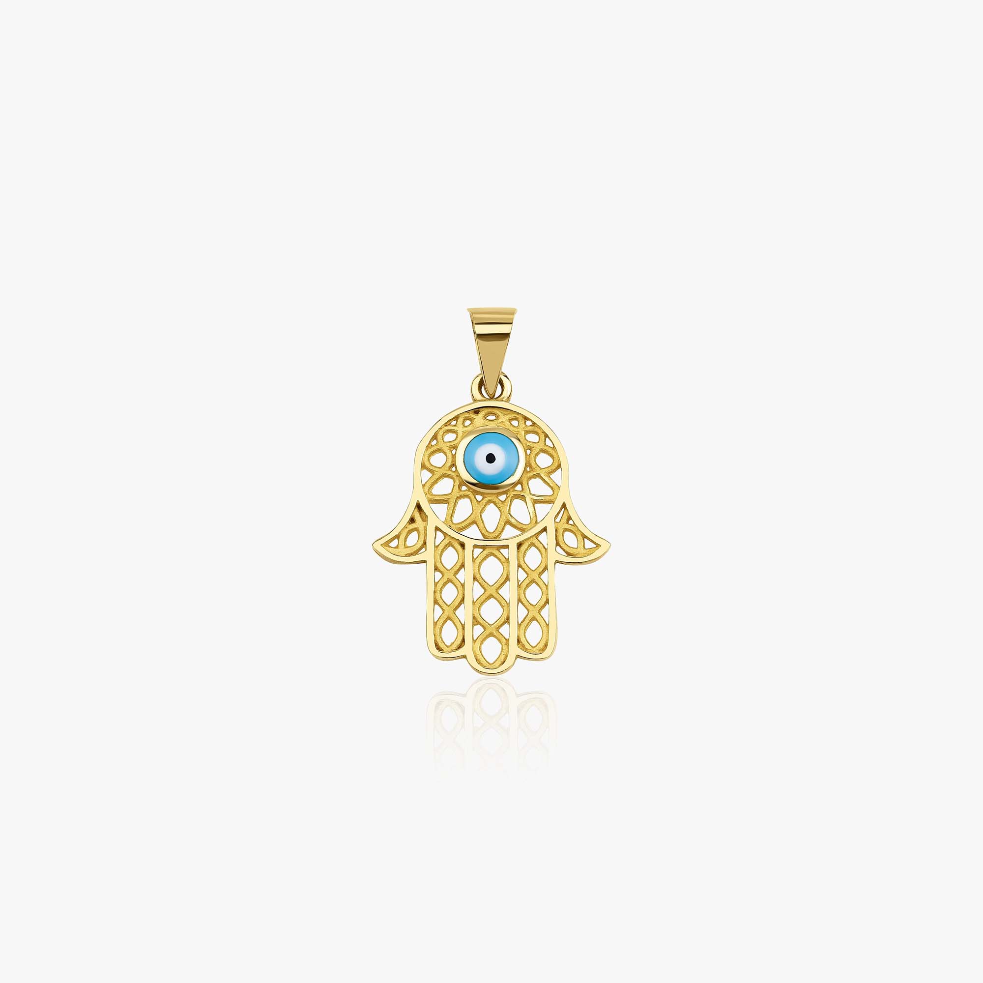 Gold Hamsa hand pendant with a blue eye on a white background