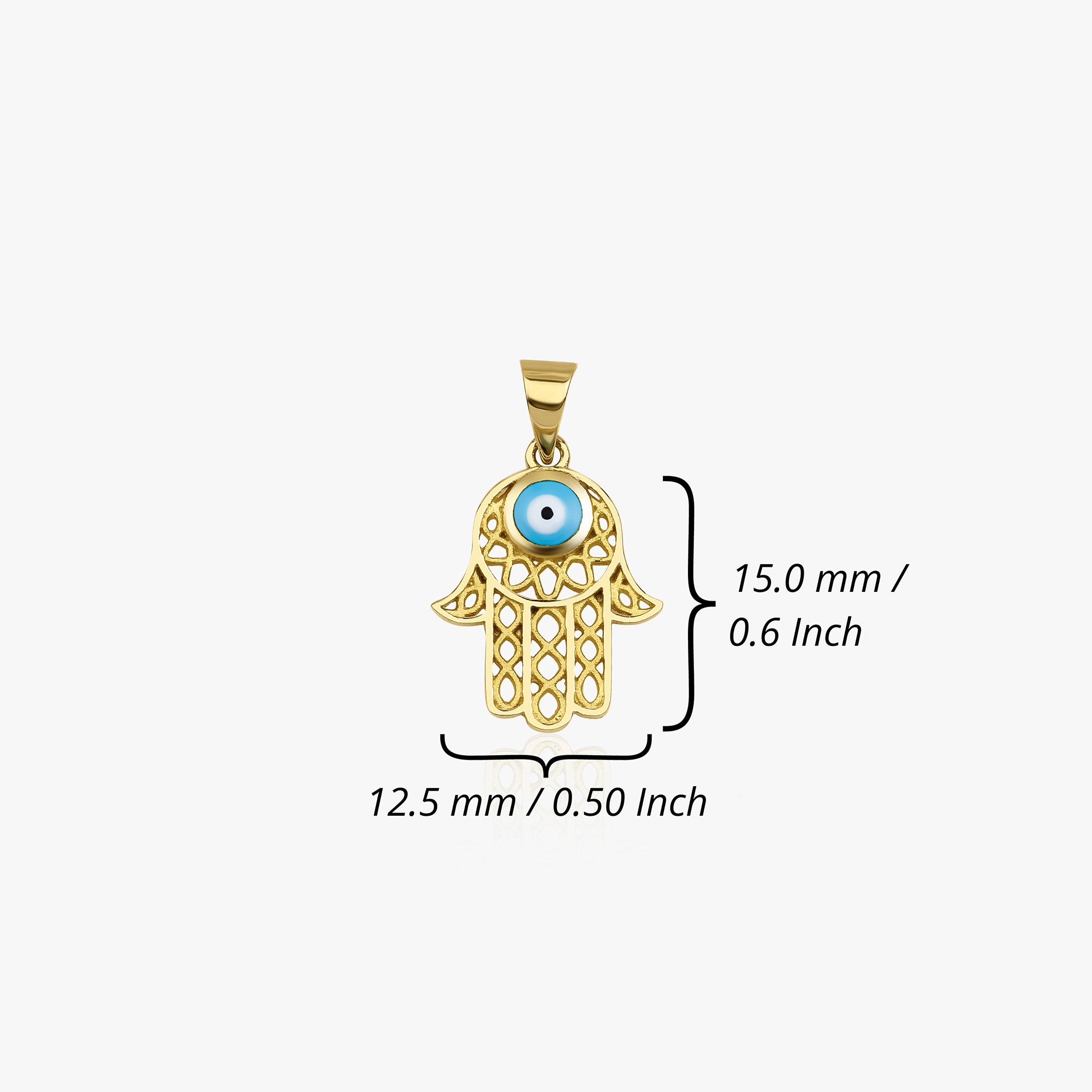 Gold Hamsa hand pendant with measurements on a white background