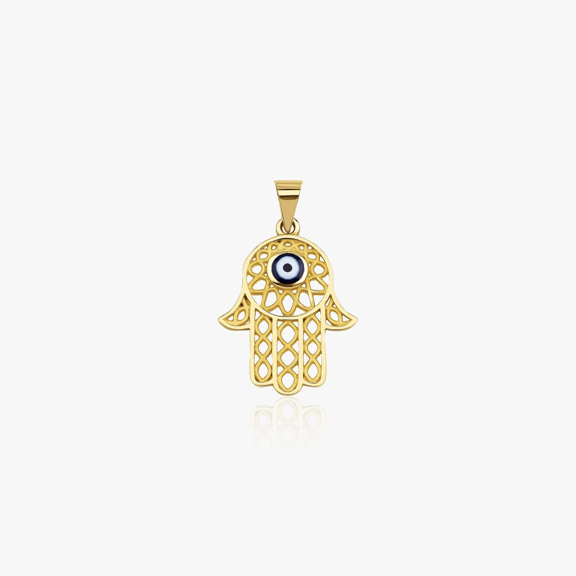 Gold Hamsa hand pendant with a navy blue eye on a white background