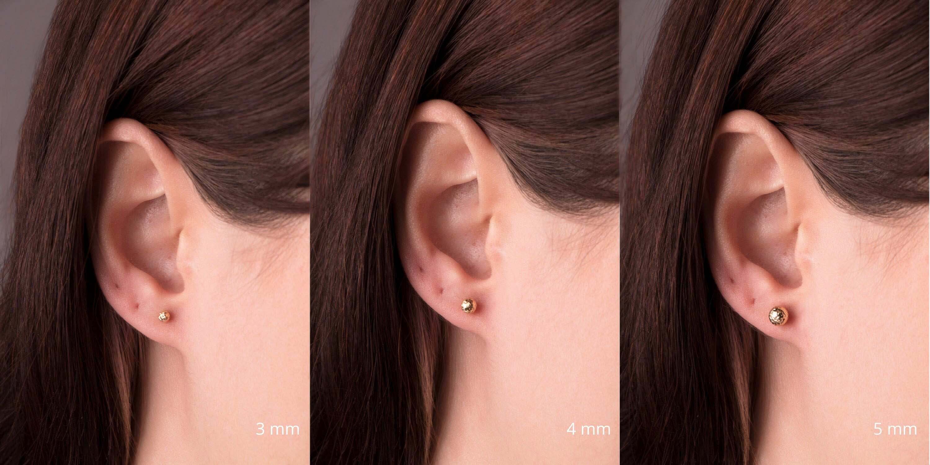 Three views of an ear with a small sphere stud earring, showing the size difference between 3mm, 4mm, and 5mm.
