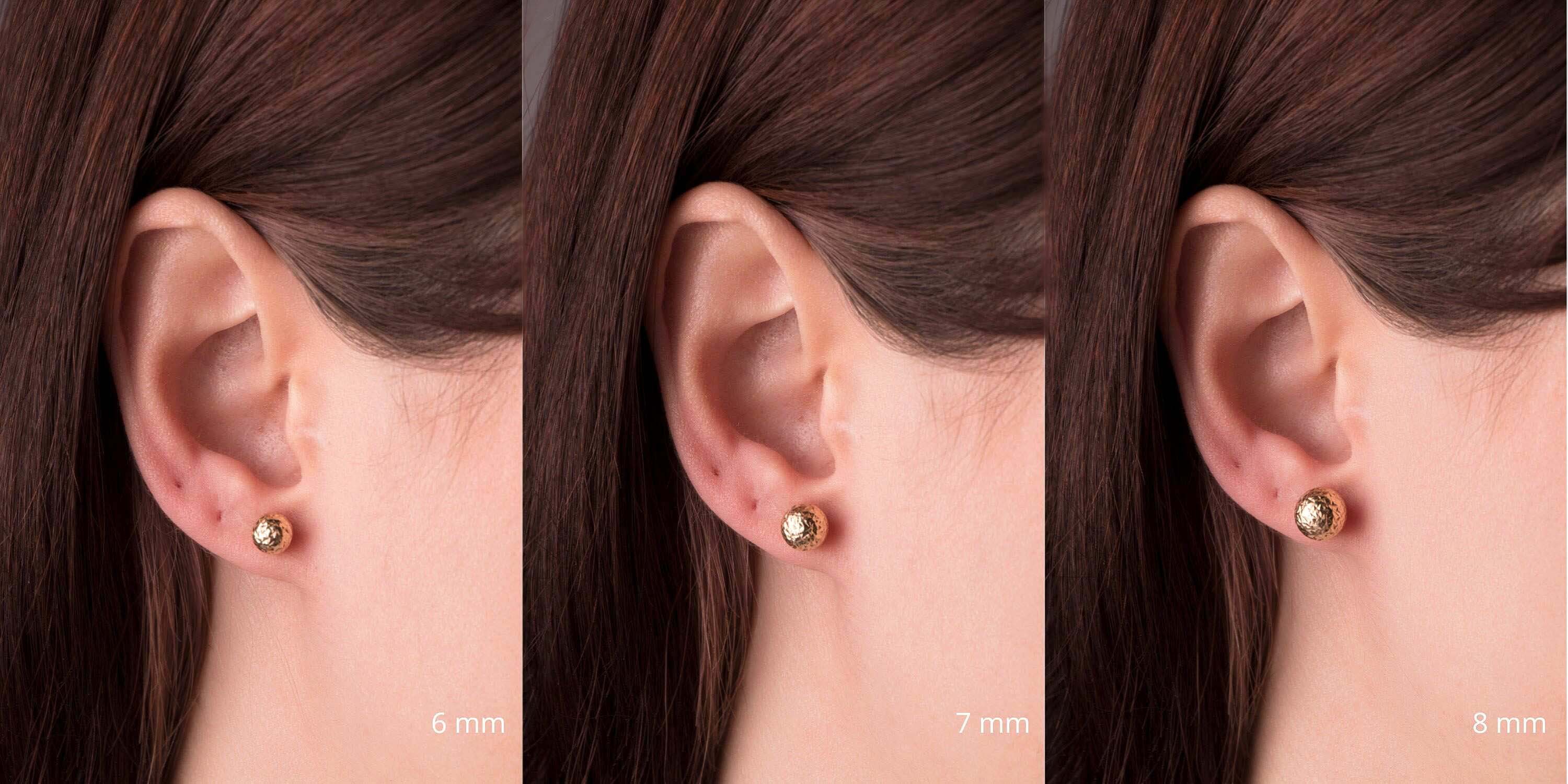 Three views of an ear with a small sphere stud earring, showing the size difference between 6mm, 7mm, and 8mm.