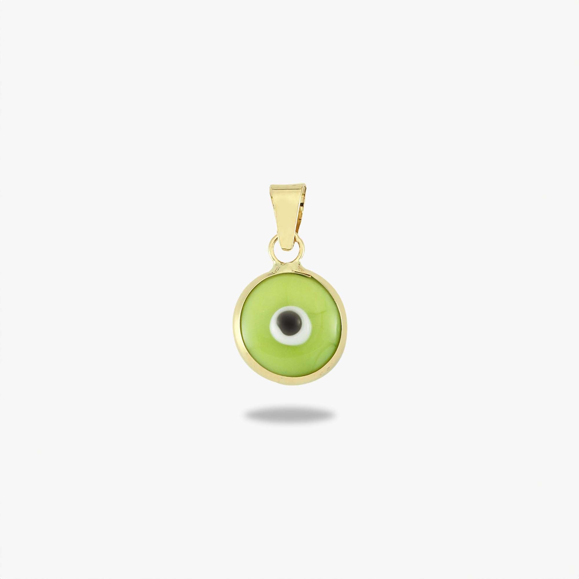 A 14k yellow gold lime green evil eye pendant shown on a white background