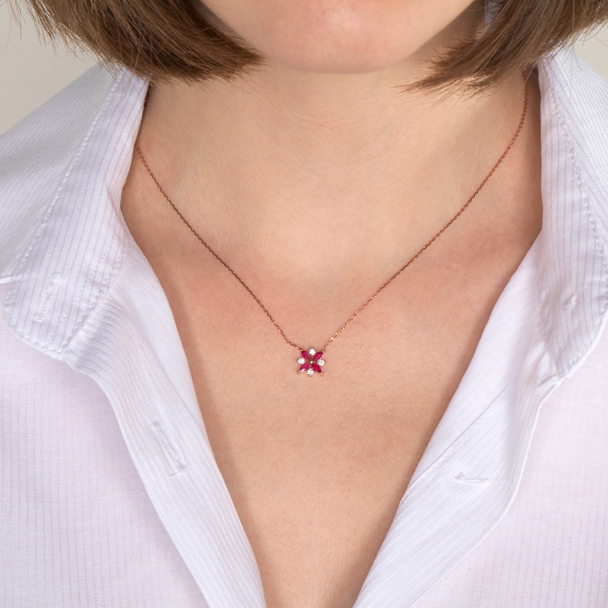Ruby and Diamond Lotus Necklace in 14K Gold
