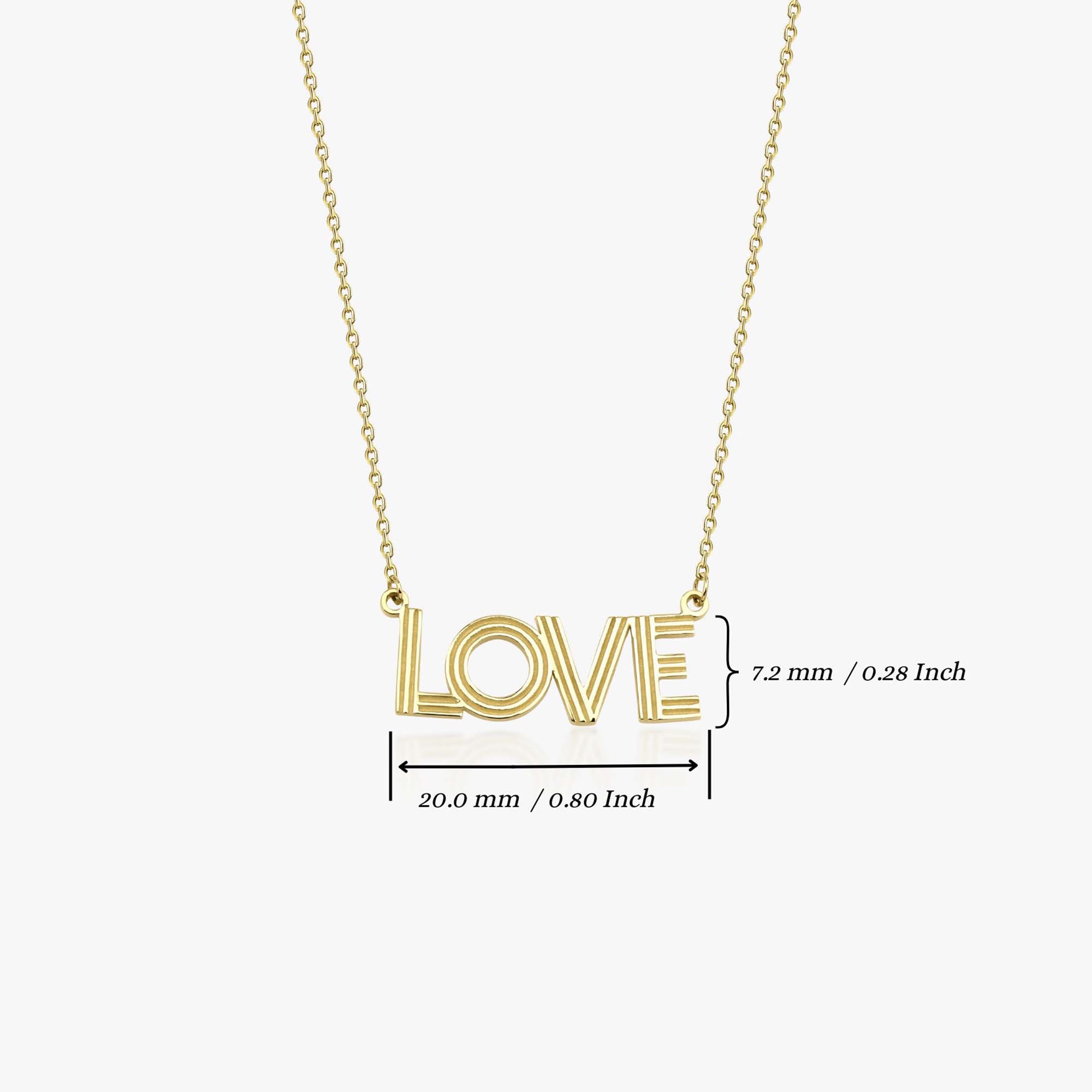 14k yellow gold love script necklace shown on a white background with measurements