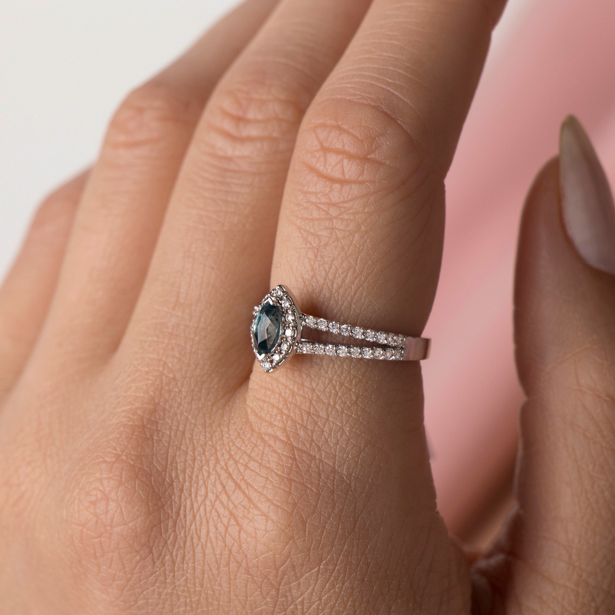 Marquise Blue Topaz and Diamond Ring in 14K Gold