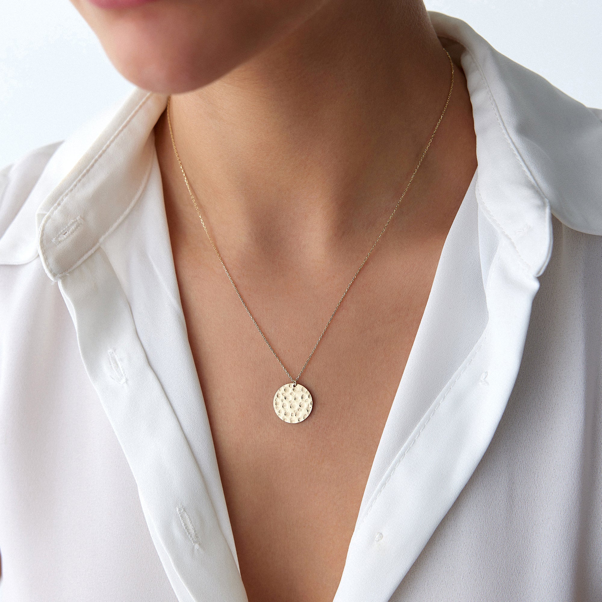 Hand Hammered Gold Disc Necklace in 14K Gold