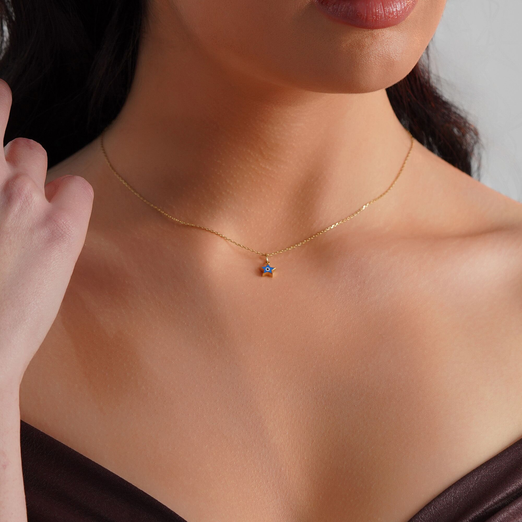 Mini Ocean Blue Star Evil Eye Necklace in 14K Gold