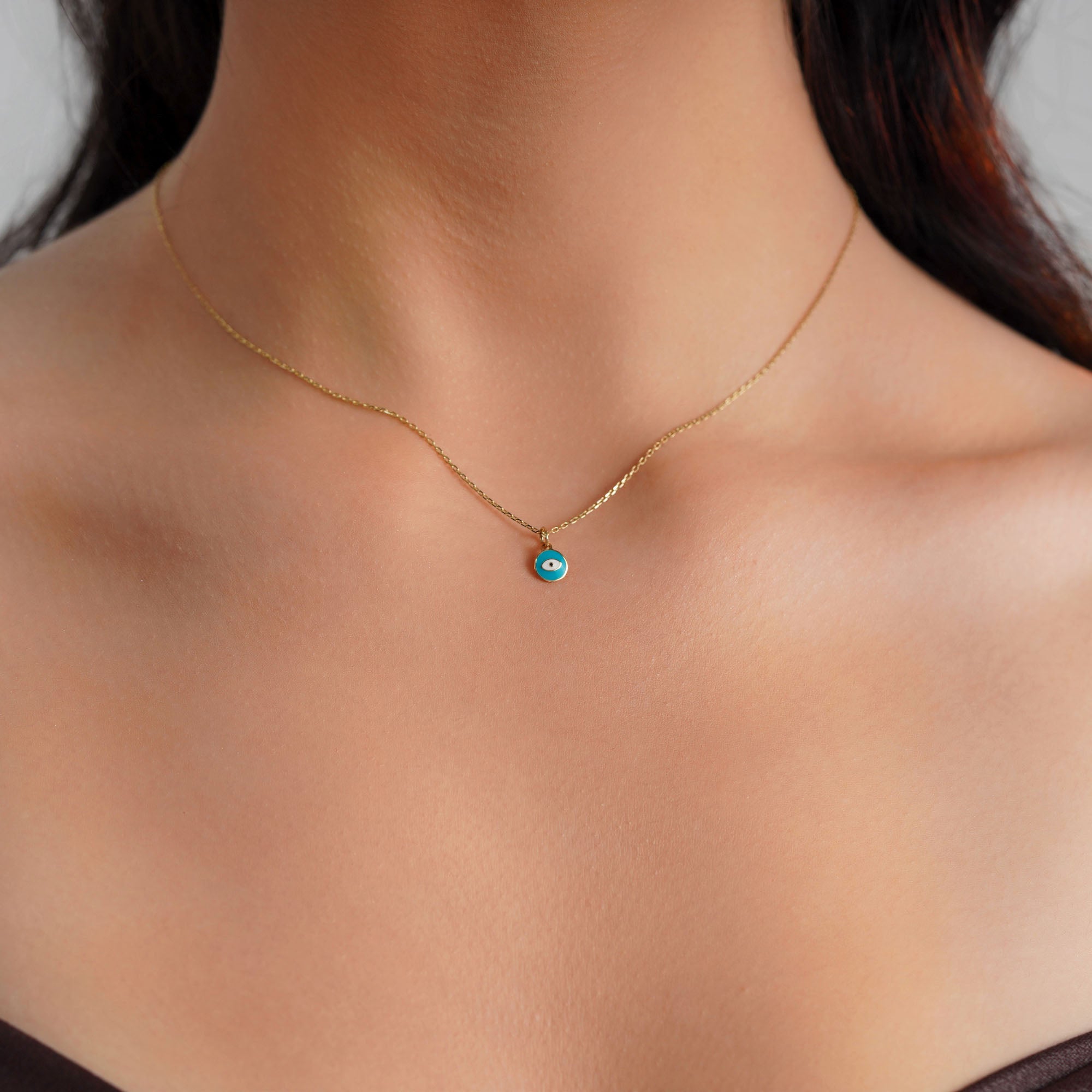 Itty Bitty Tiny Sky Blue Eye Necklace in 14K Gold