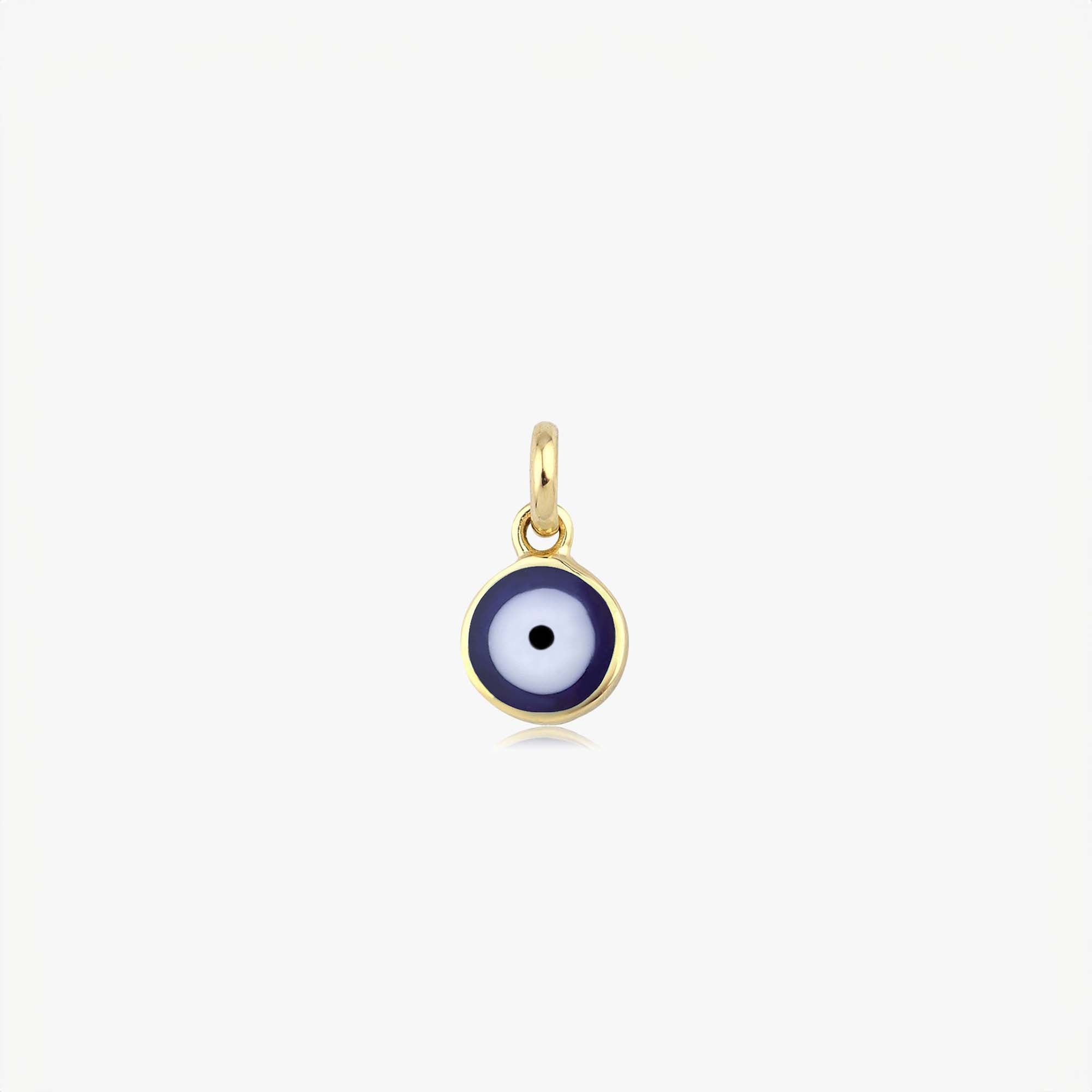 A 14k yellow gold mini ocean blue evil eye pendant shown on a white background