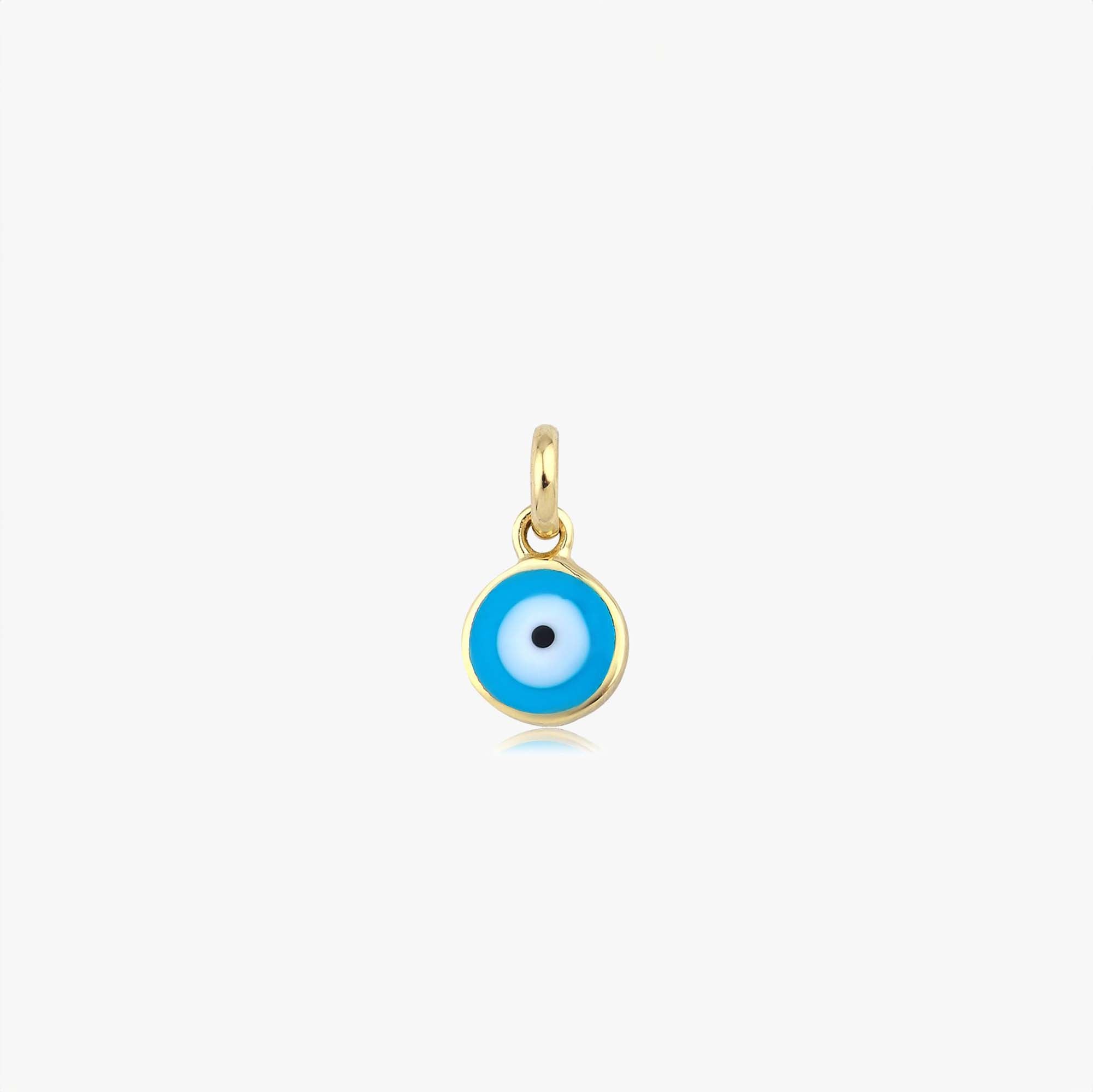 A 14k yellow gold mini ocean blue evil eye pendant shown on a white background