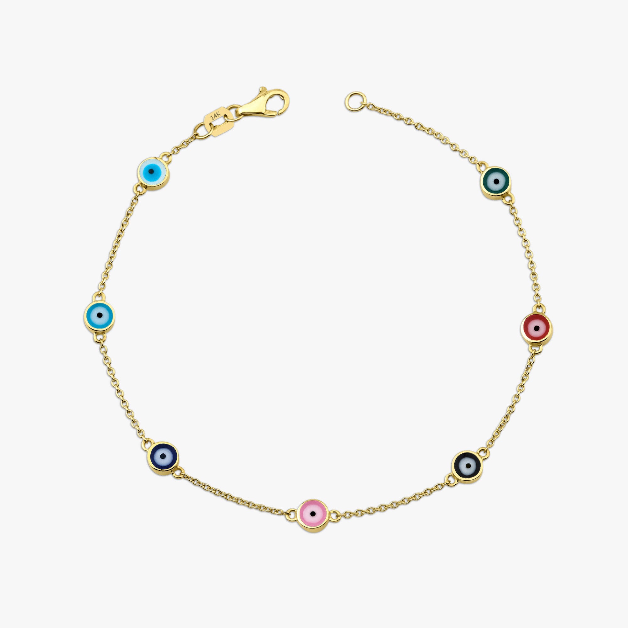 7 Multicolor Evil Eye Bracelet in 14K Gold