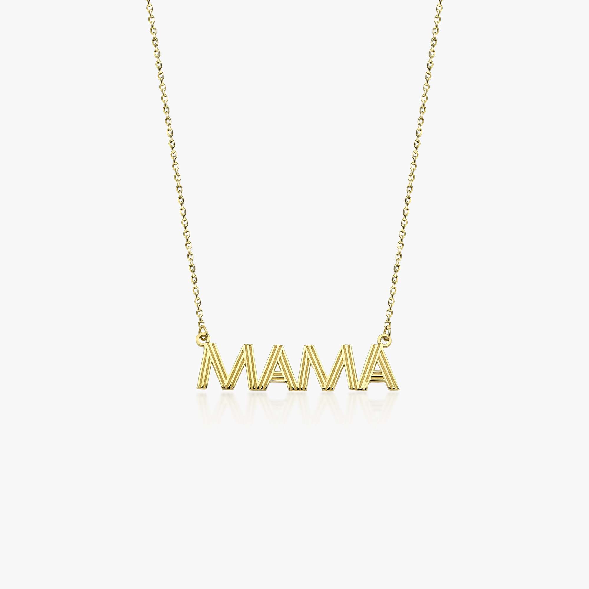 A 14K yellow gold mama necklace shown on a white background.