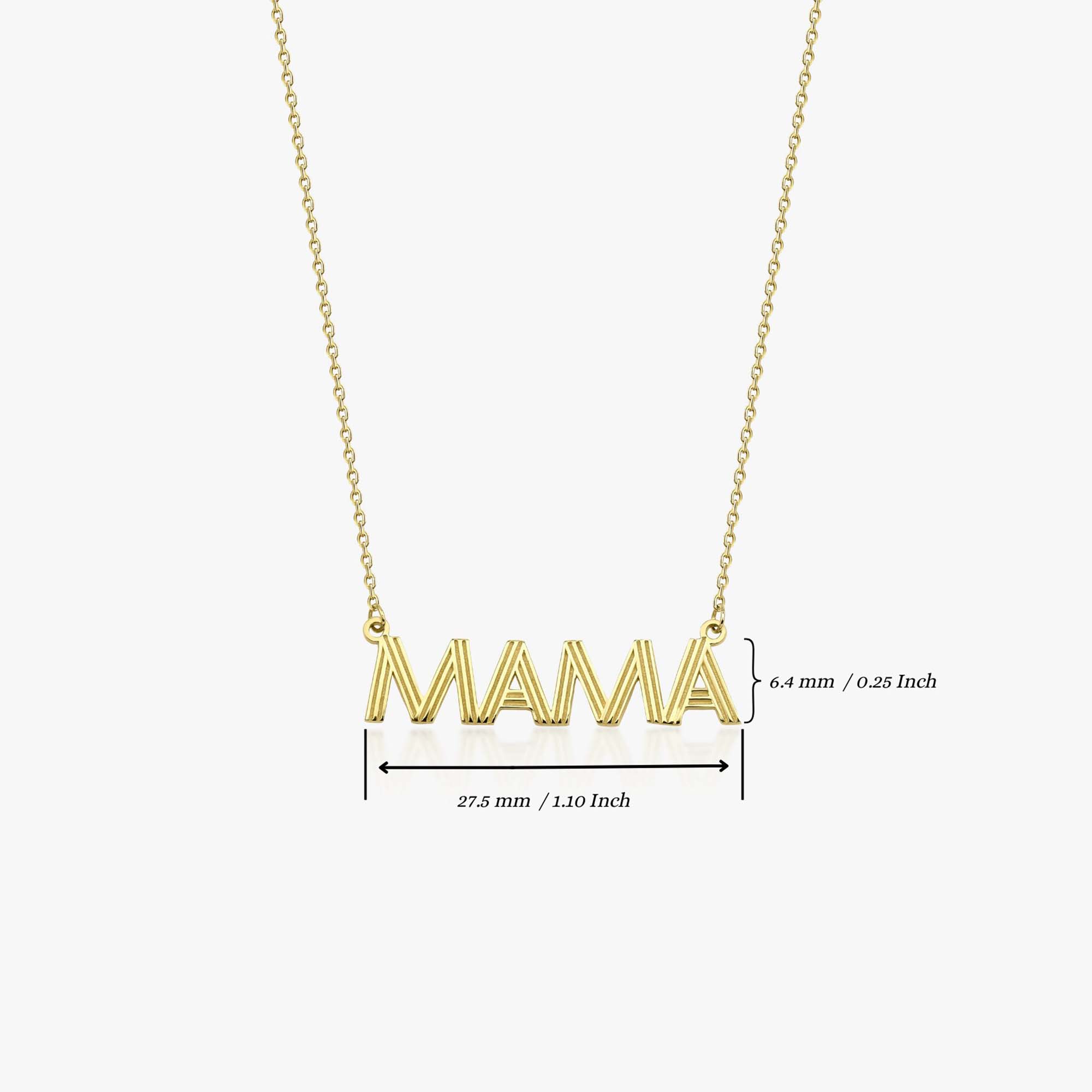 A 14K yellow gold mama necklace shown on a white background with measurements.