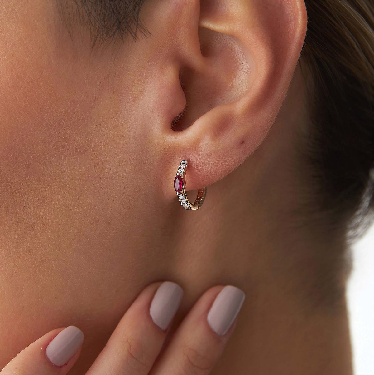 Marquise Ruby and Diamond Hoops in 14K Gold