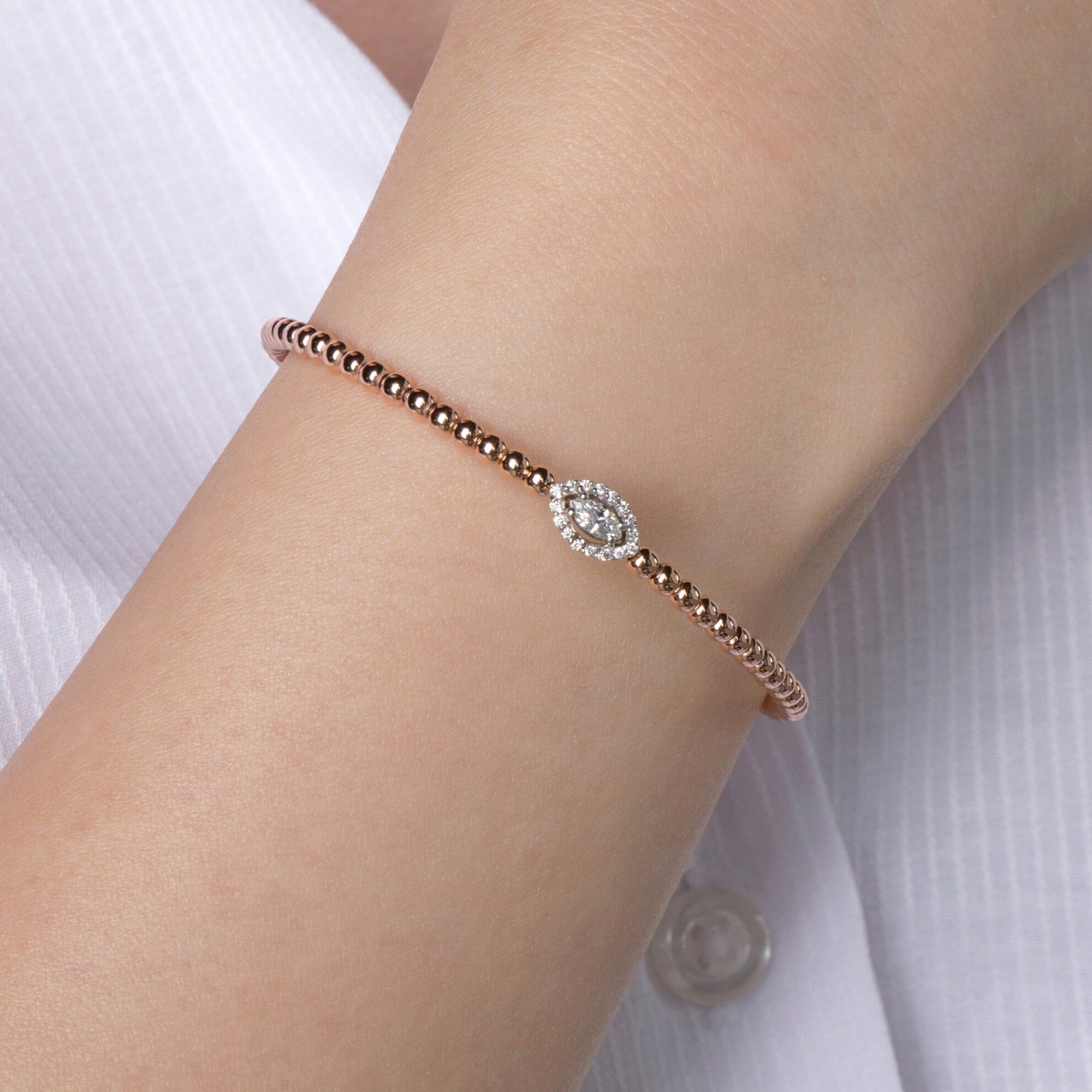 Marquise Diamond Beaded Bangle in 14K Gold