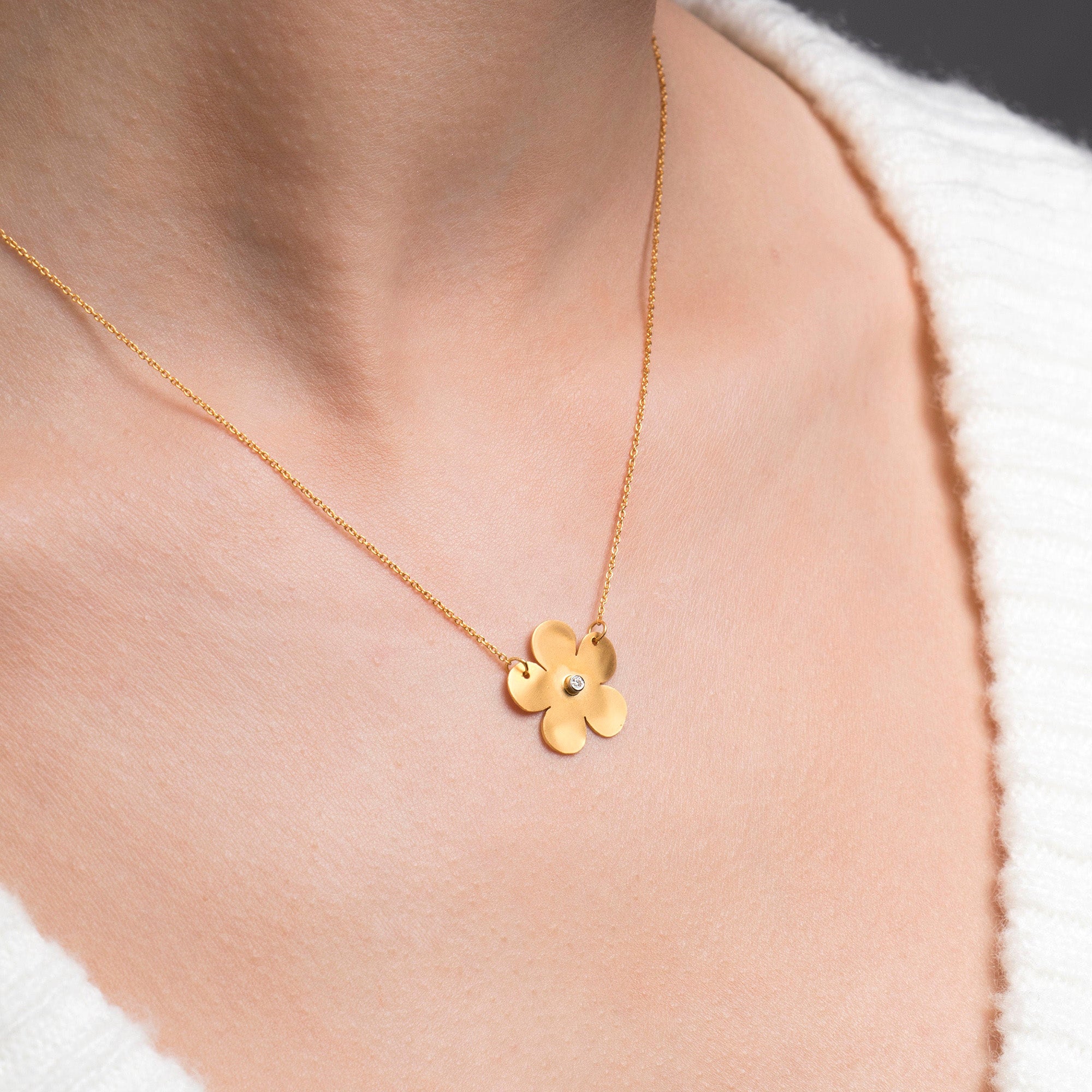 Matte Finish Diamond Flower Necklace in 14K Gold
