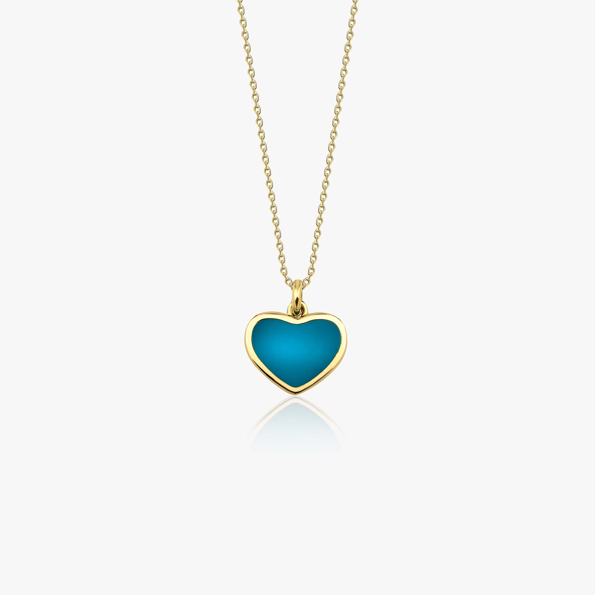 A 14k yellow gold necklace with an ocean blue heart pendant on a white background