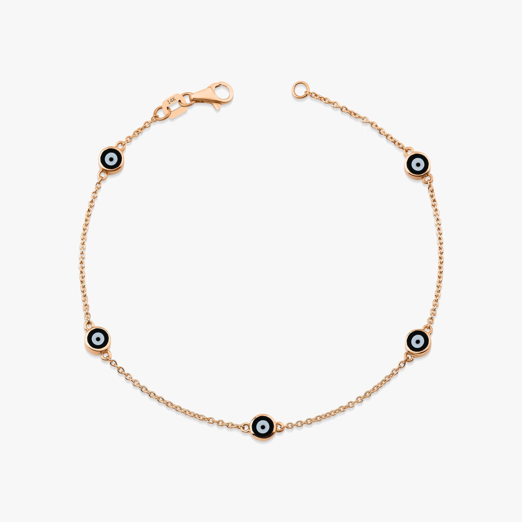 14K rose gold evil eye bracelet with 5 black evil eyes shown on a white background