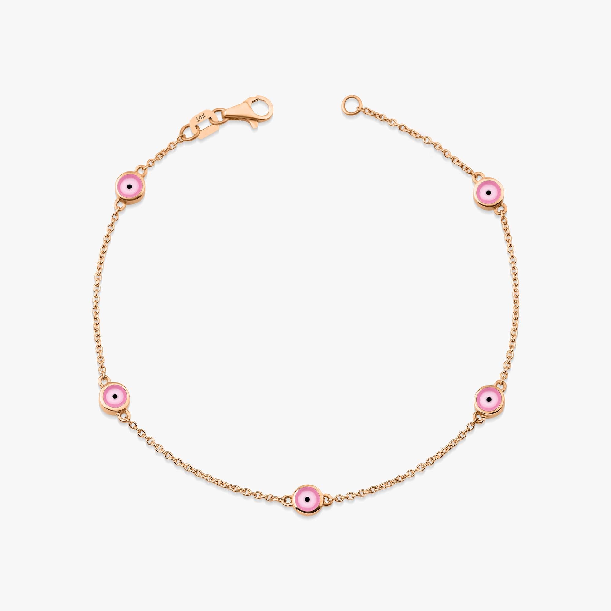 14k rose gold pink evil eye bracelet with 5 evil eyes on a white background