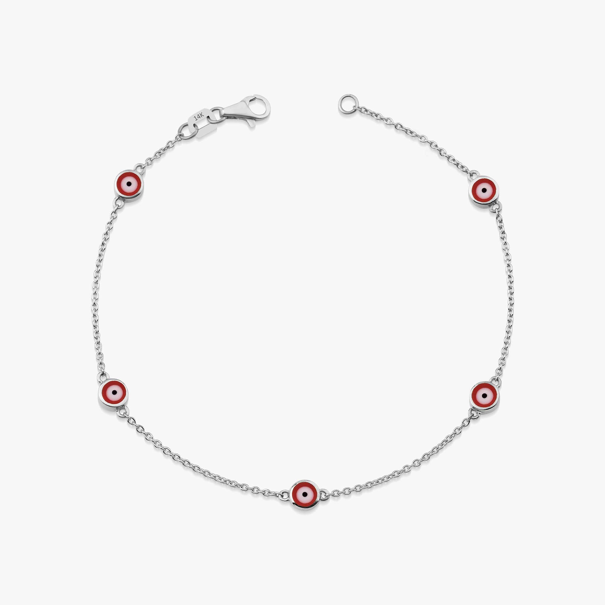 14k white gold evil eye bracelet with 5 red evil eyes shown on a white background